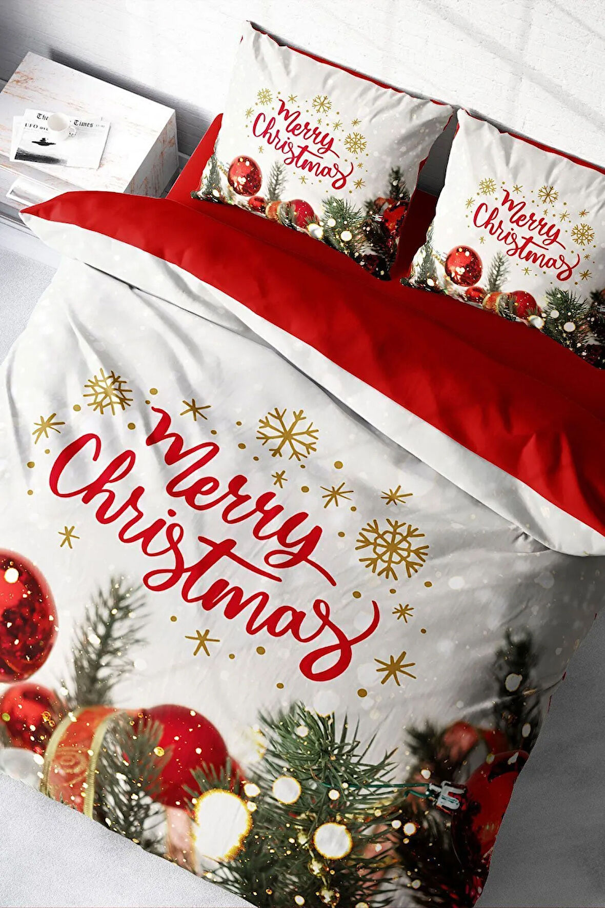 Lastikli Çarşaflı %100 Pamuk Saten Çift Kişilik Nevresim Takımı NY Noel
