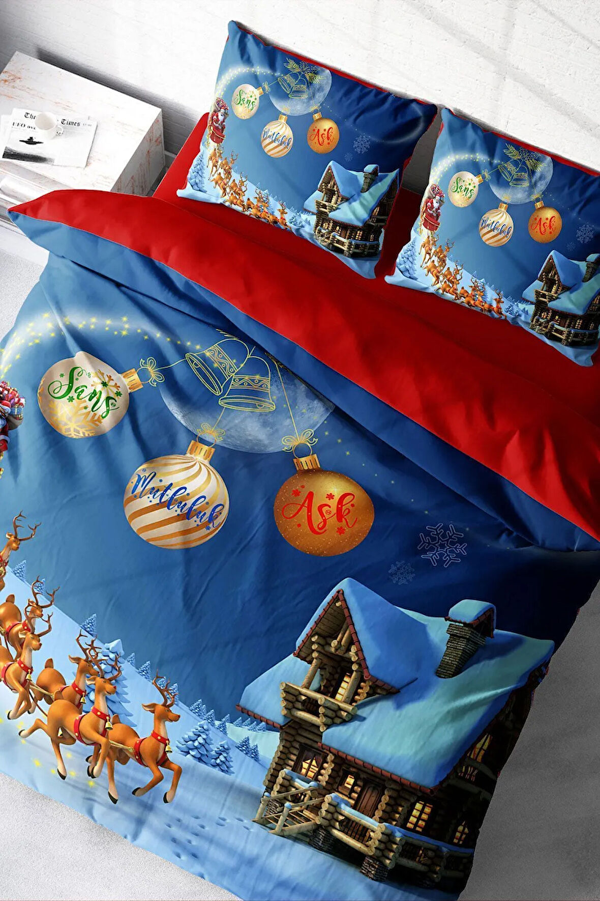 Lastikli Çarşaflı %100 Pamuk Saten Çift Kişilik Nevresim Takımı NY Wish