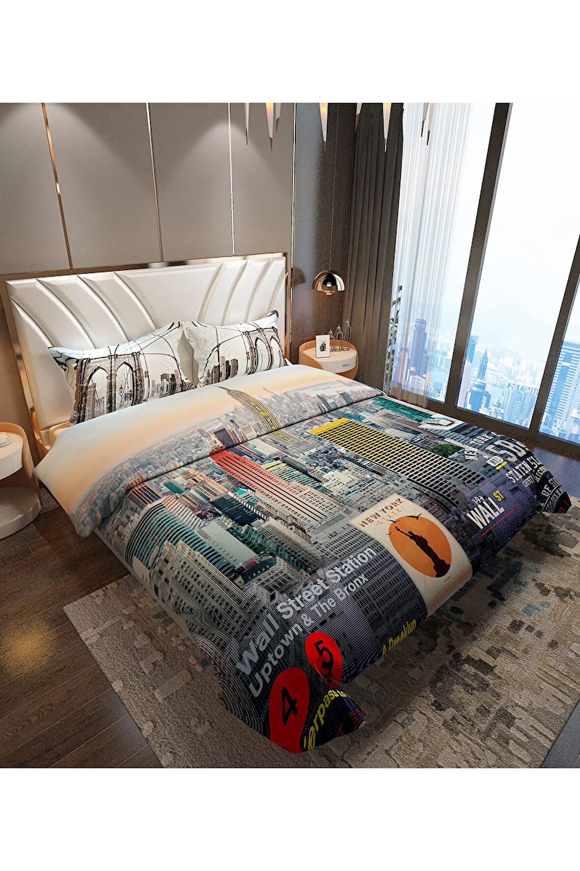 Lastikli Çarşaflı %100 Pamuk Saten Çift Kişilik Nevresim Takımı New York