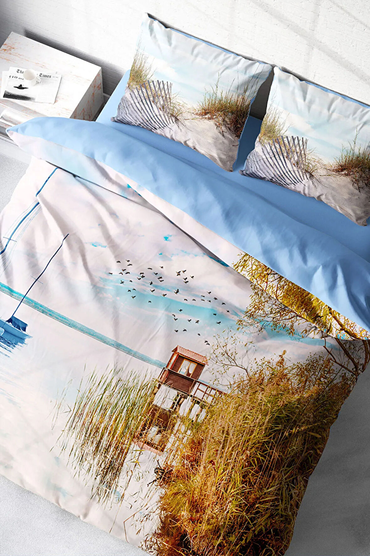 Lastikli Çarşaflı %100 Pamuk Saten Çift Kişilik Nevresim Takımı Reeds