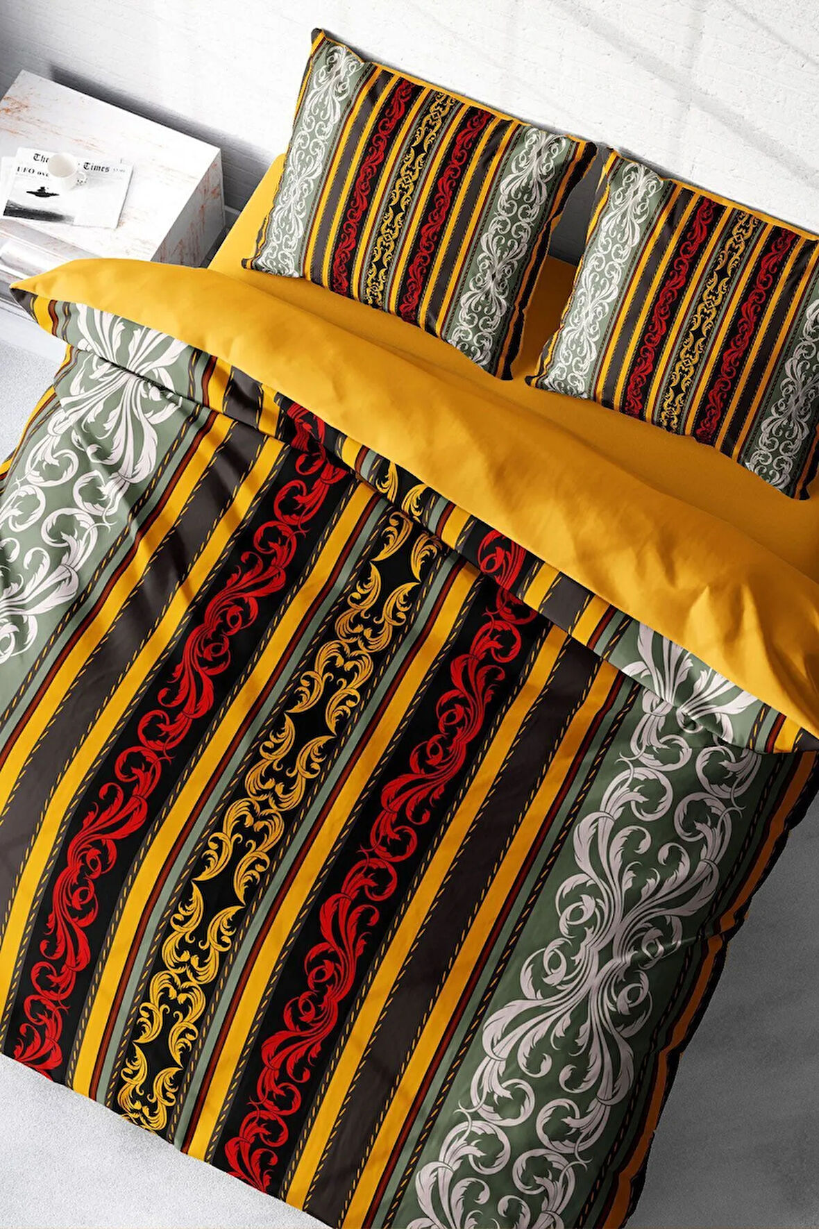 Lastikli Çarşaflı %100 Pamuk Saten Çift Kişilik Nevresim Takımı Ribbon Baroque Style