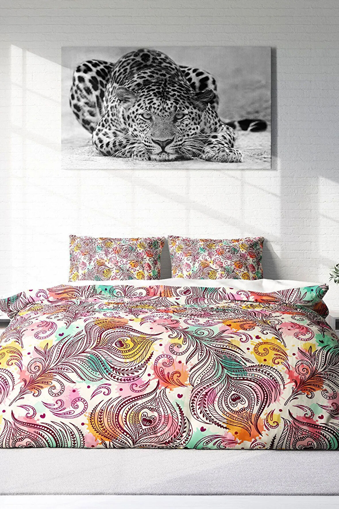 Çift Kişilik ( Lastikli Çarşaflı ) %100 Pamuk Saten Nevresim Takımı Peacock Feathers