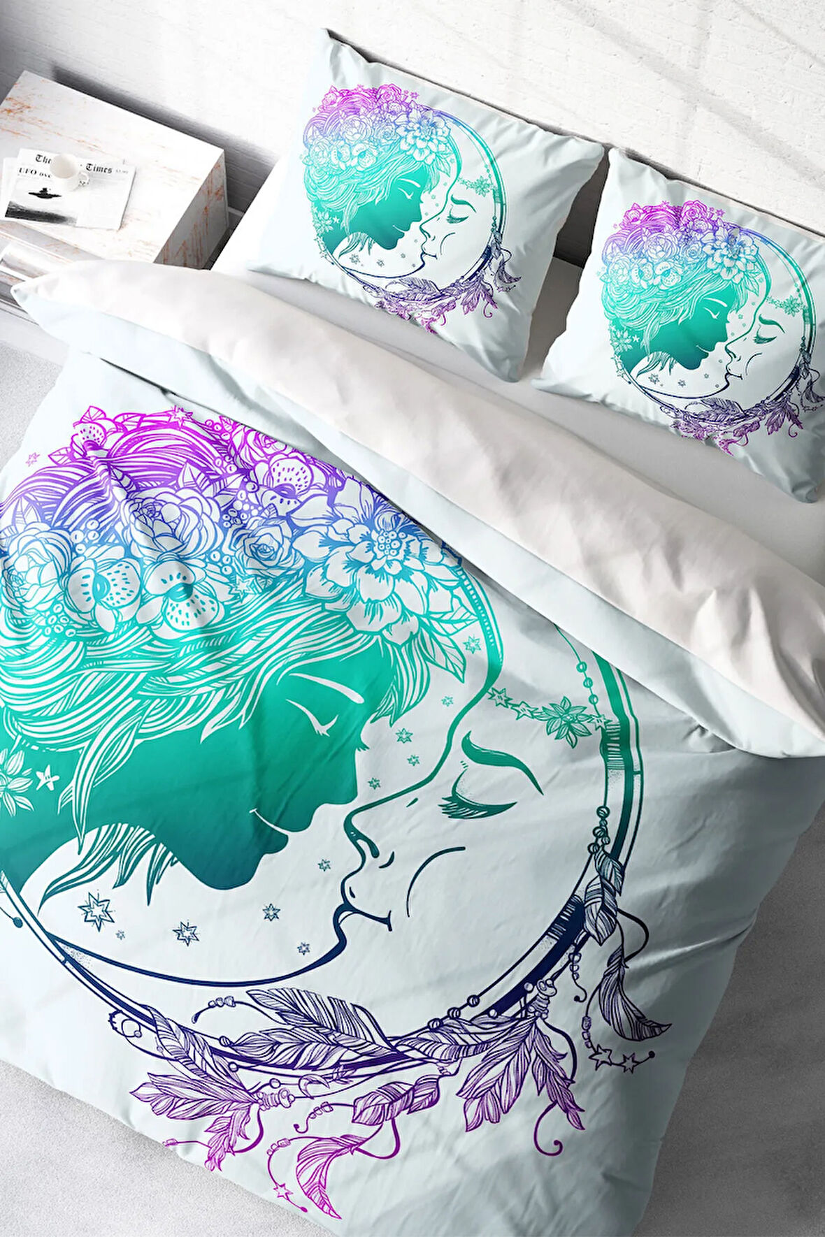 Lastikli Çarşaflı %100 Pamuk Saten Çift Kişilik Nevresim Takımı Moon