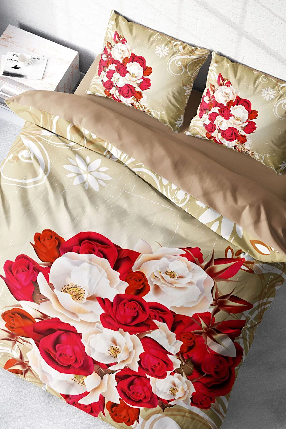 Lastikli Çarşaflı %100 Pamuk Saten Çift Kişilik Nevresim Takımı Rose Cream-1007