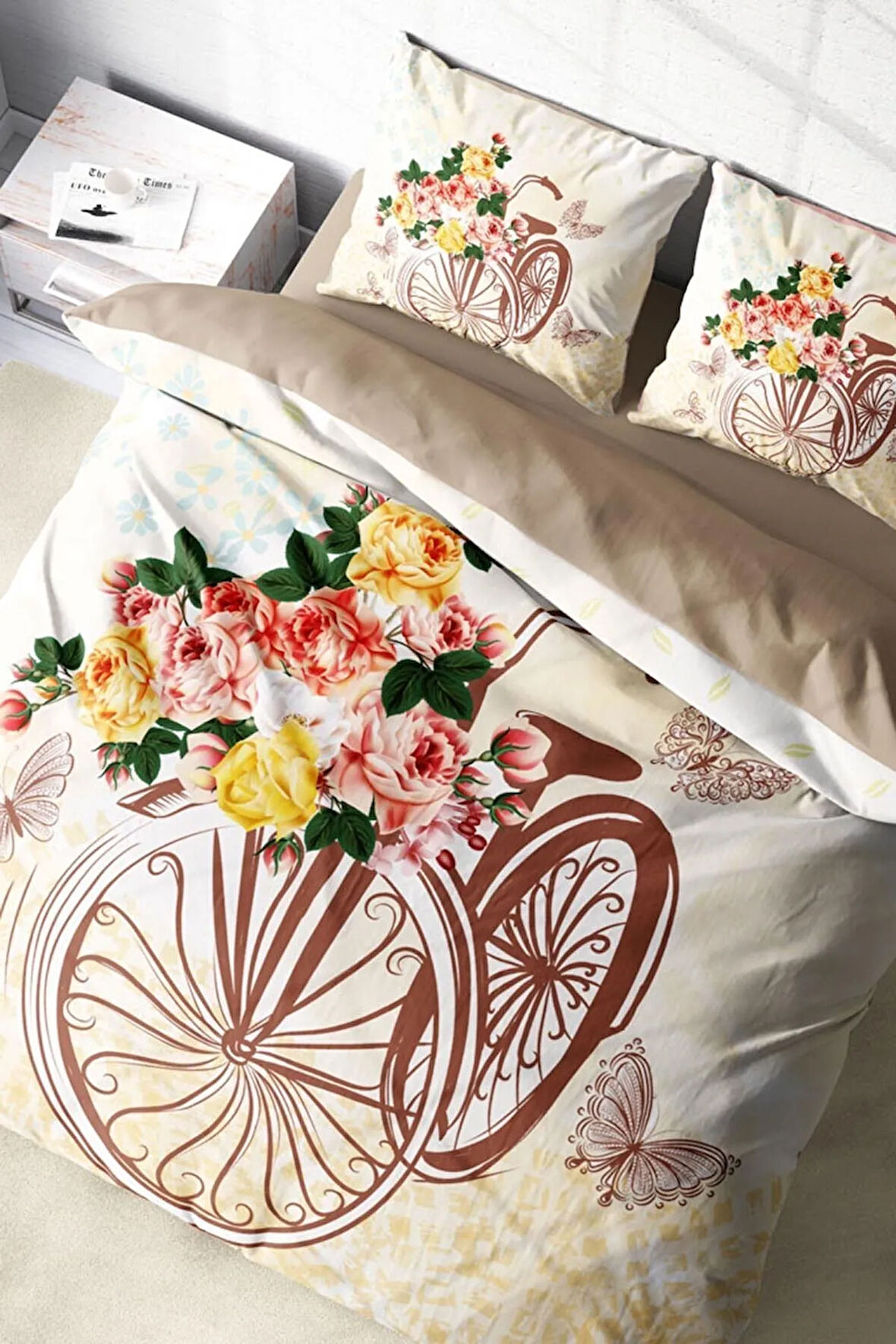 Lastikli Çarşaflı %100 Pamuk Saten Çift Kişilik Nevresim Takımı Romantic Bicycle