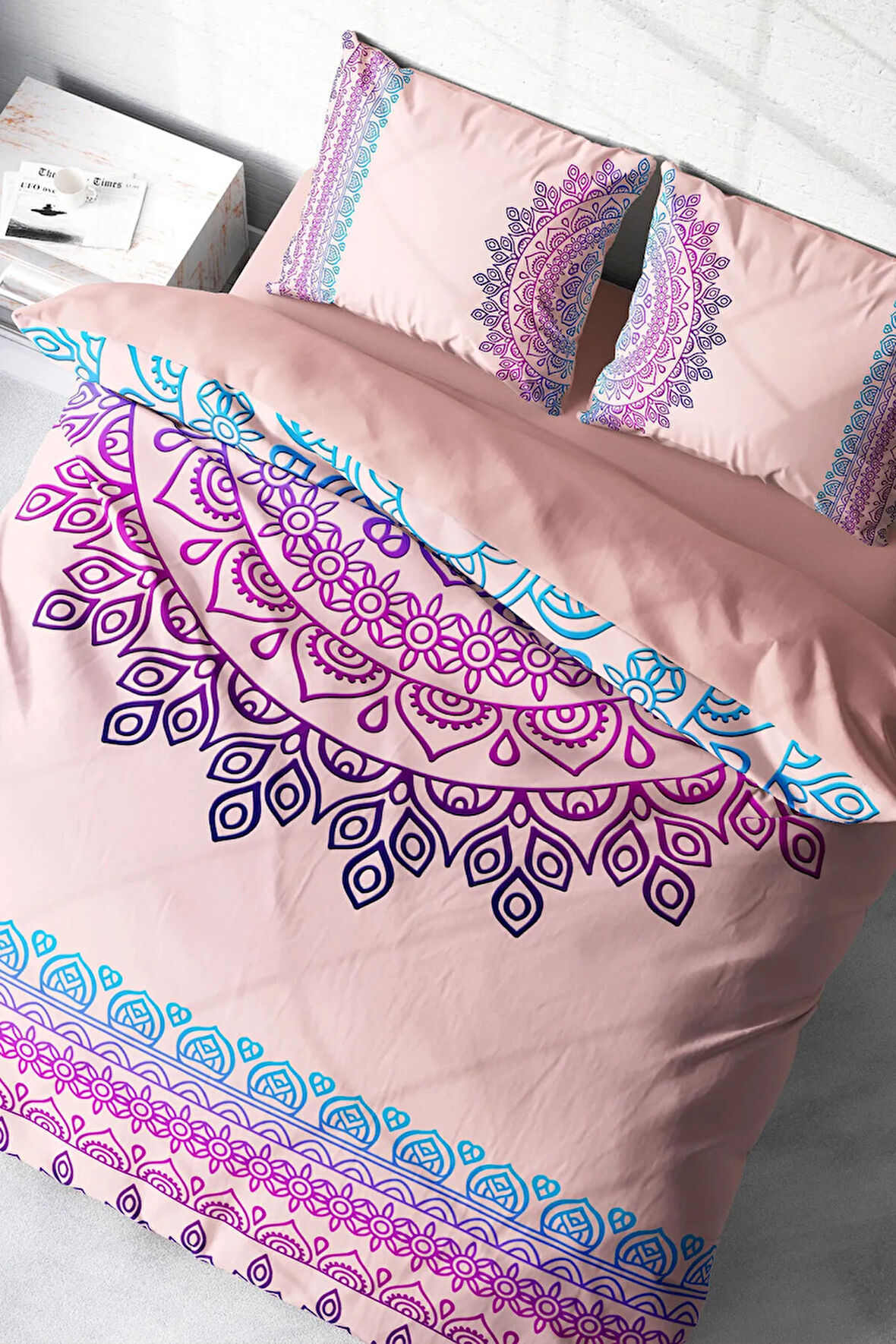 Lastikli Çarşaflı %100 Pamuk Saten Çift Kişilik Nevresim Takımı Soft Mandala