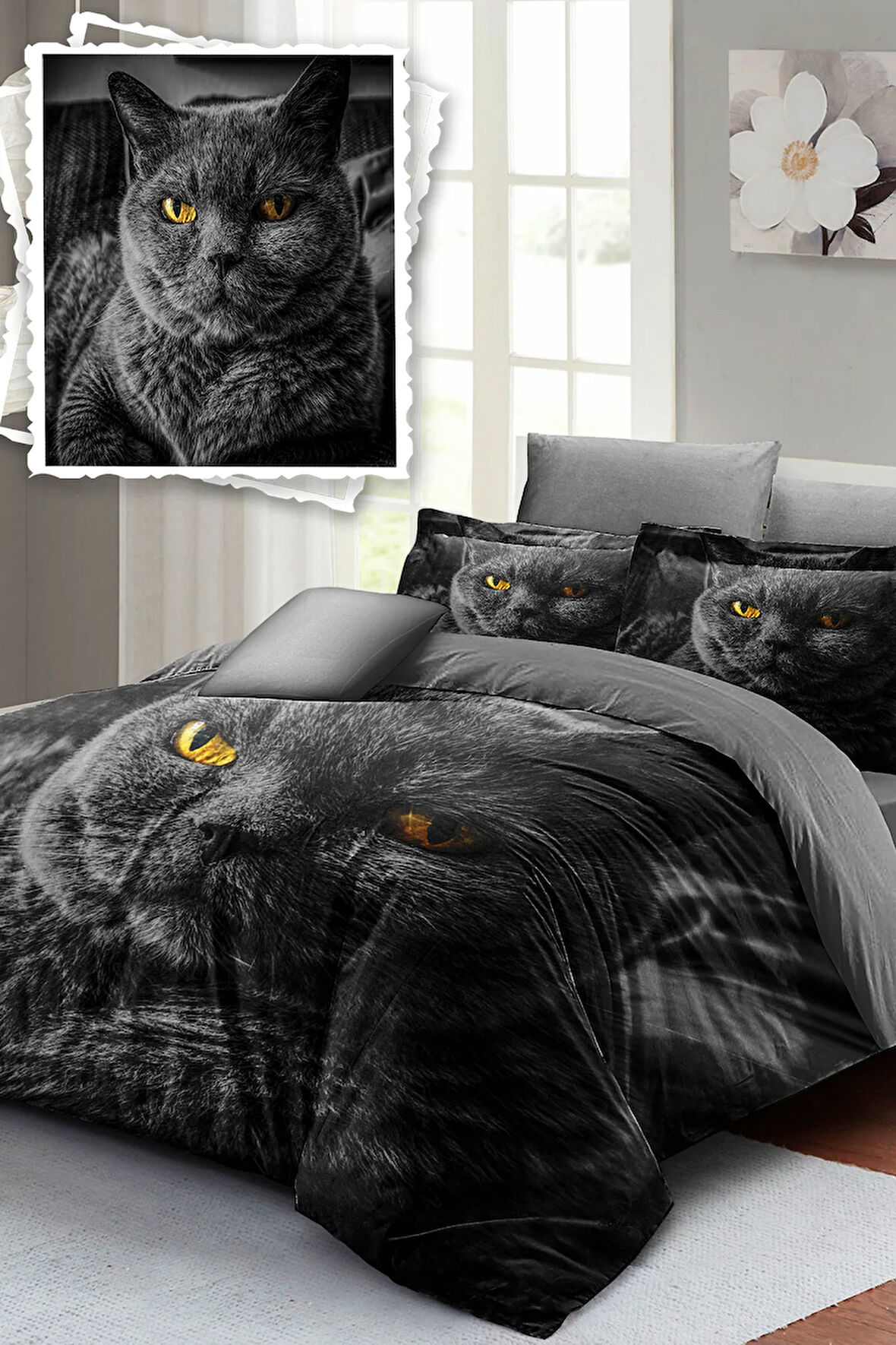 Lastikli Çarşaflı %100 Pamuk Saten Çift Kişilik Nevresim Takımı Serious Cat