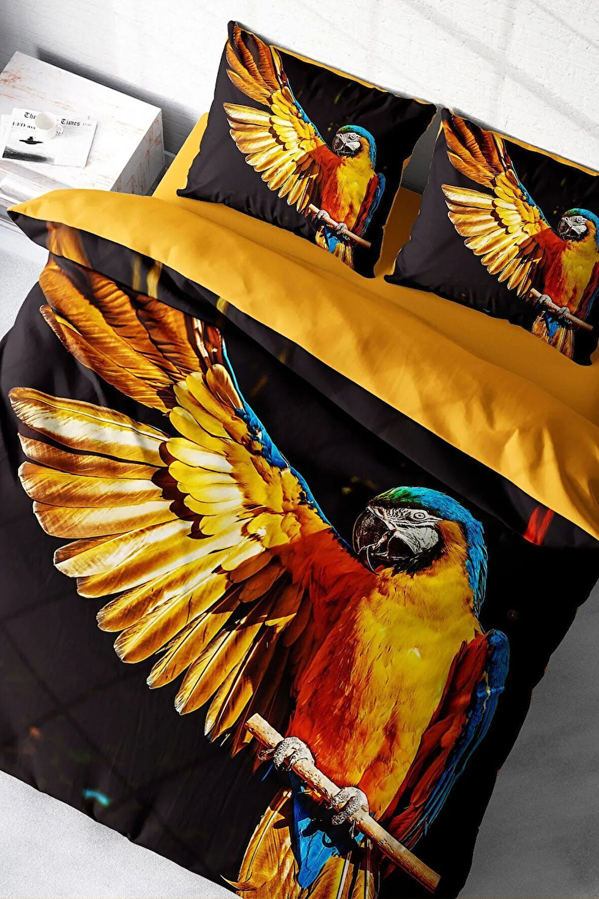 Lastikli Çarşaflı %100 Pamuk Saten Çift Kişilik Nevresim Takımı Macaw Parrot