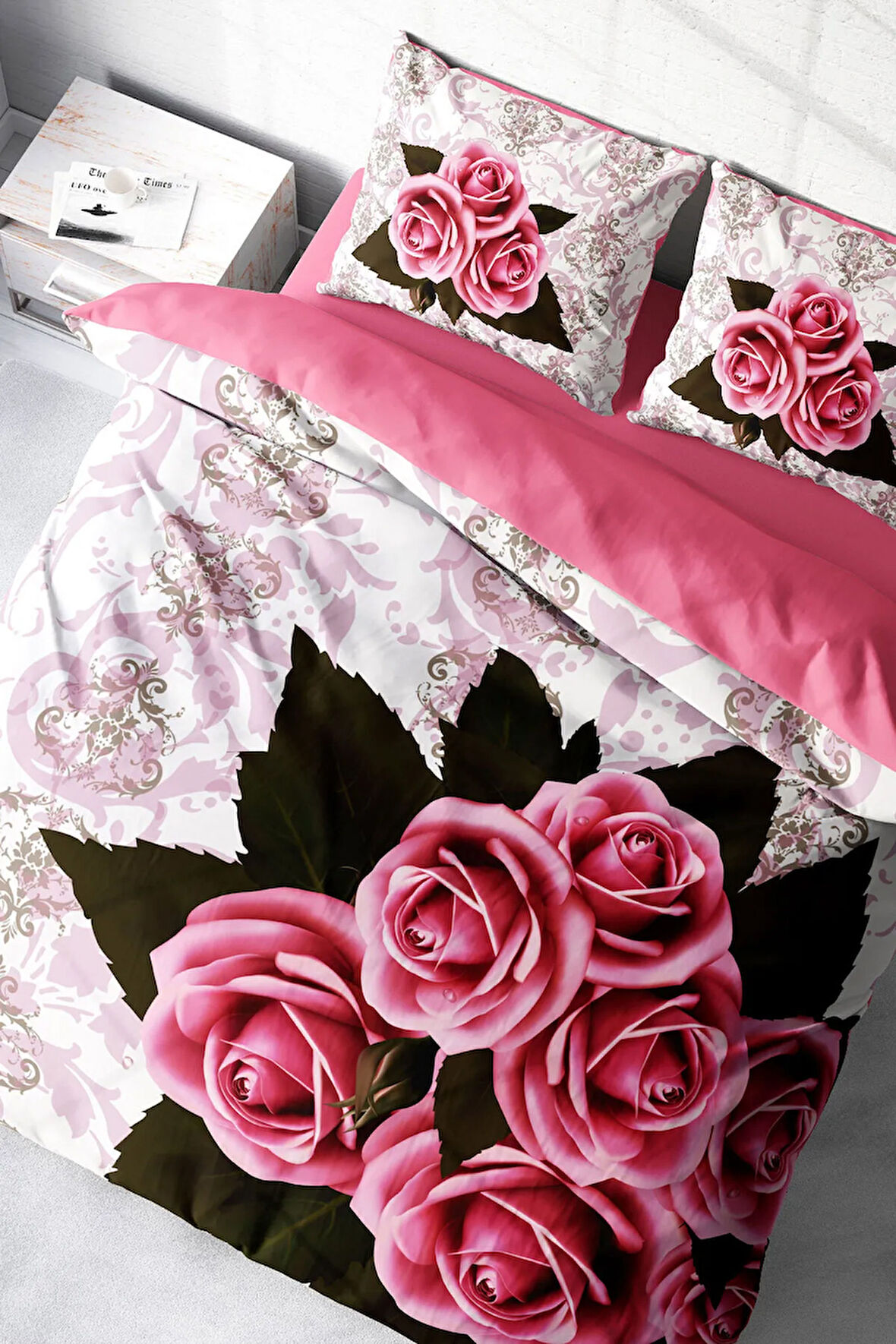 Lastikli Çarşaflı %100 Pamuk Saten Çift Kişilik Nevresim Takımı Rose-1008