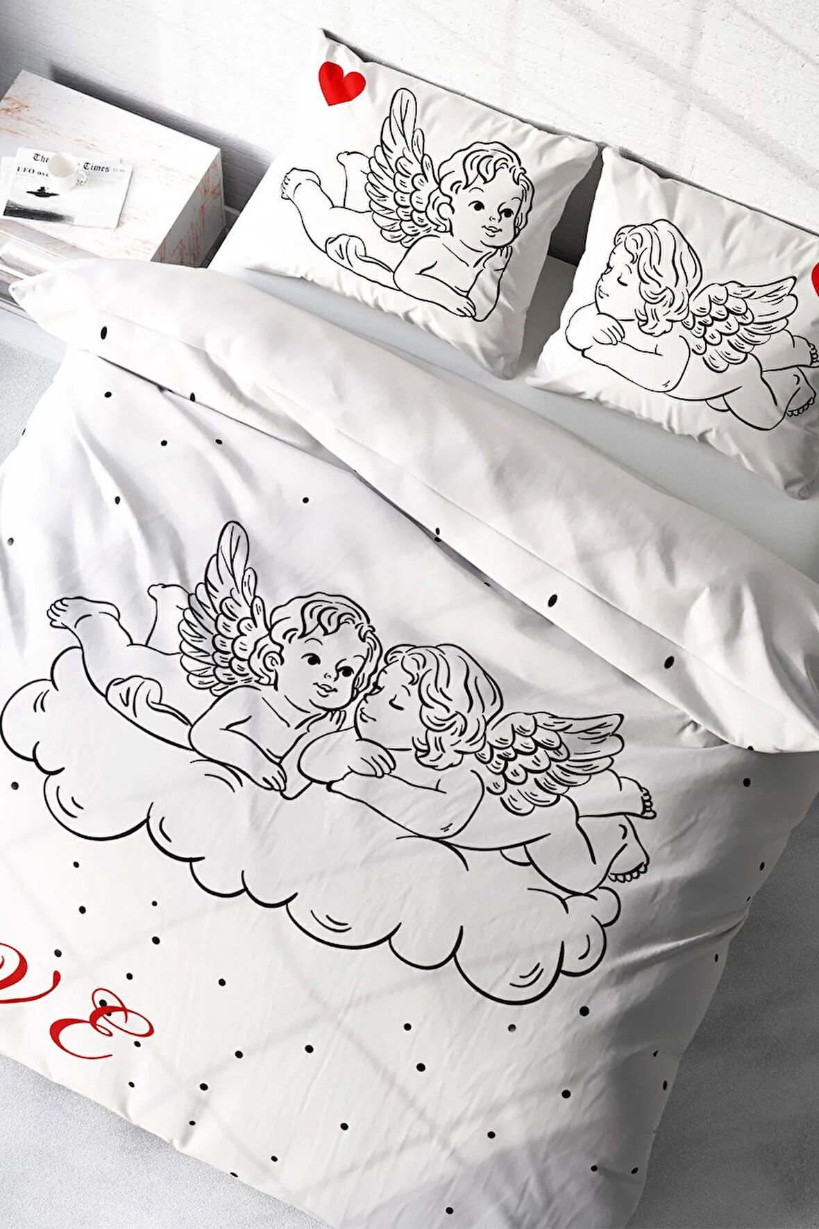 Lastikli Çarşaflı %100 Pamuk Saten Çift Kişilik Nevresim Takımı Angel