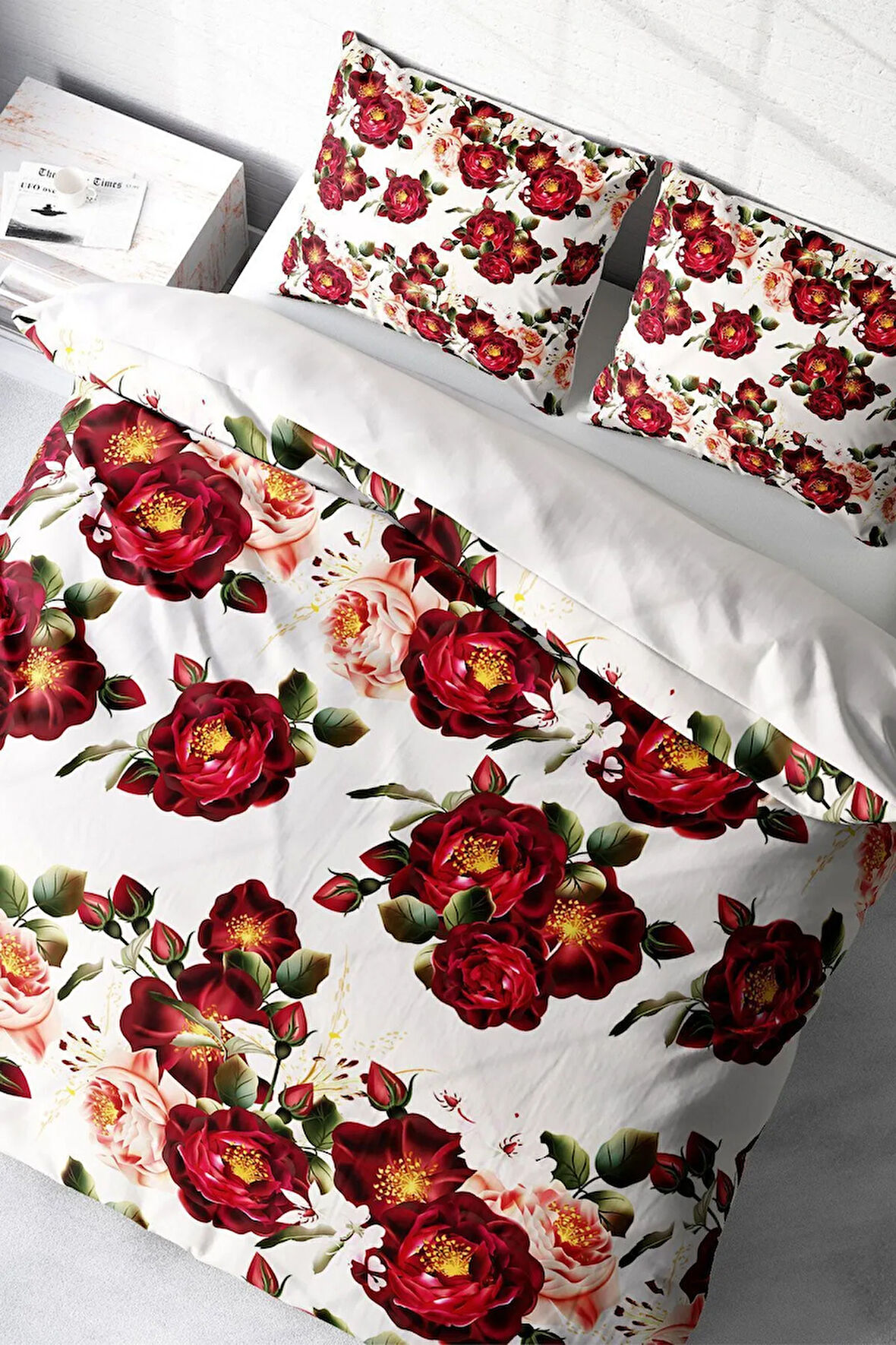 Lastikli Çarşaflı %100 Pamuk Saten Çift Kişilik Nevresim Takımı Red Rose