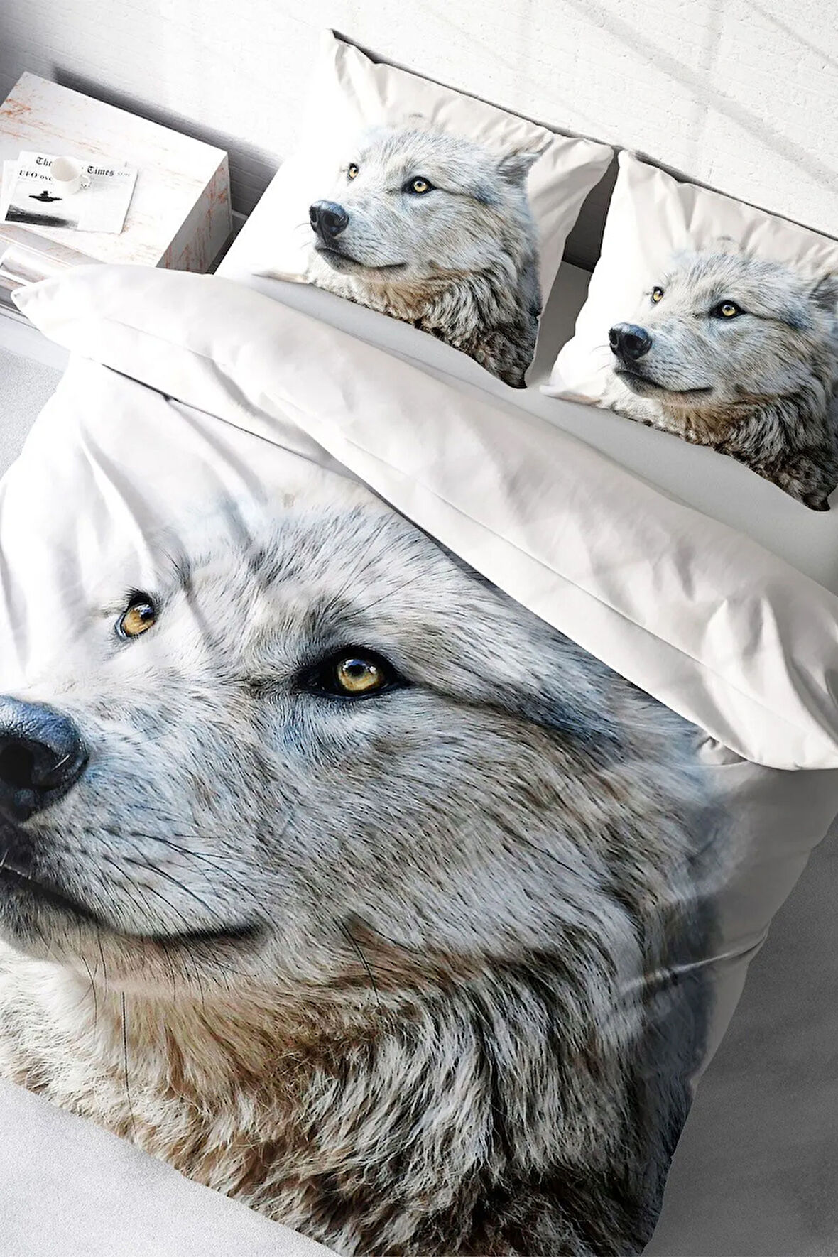 Lastikli Çarşaflı %100 Pamuk Saten Çift Kişilik Nevresim Takımı White Wolf