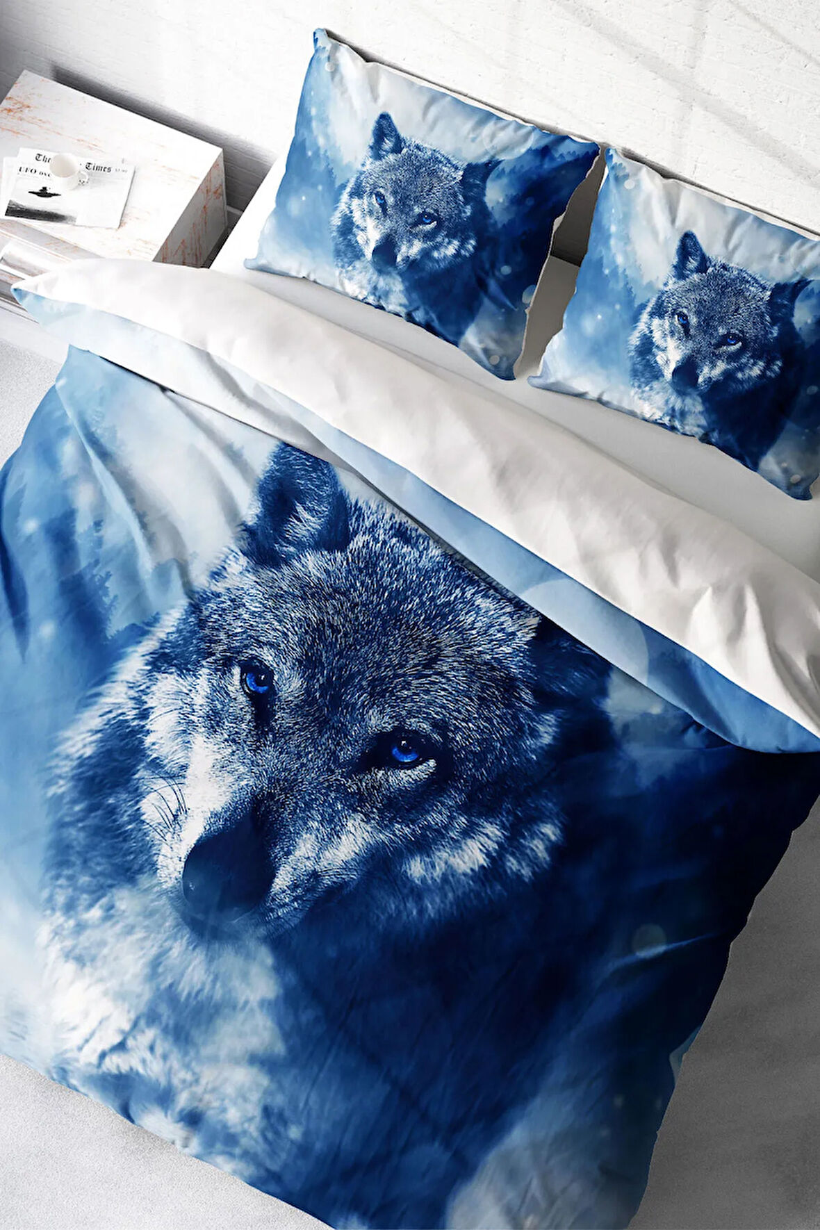 Lastikli Çarşaflı %100 Pamuk Saten Çift Kişilik Nevresim Takımı Lonely Wolf