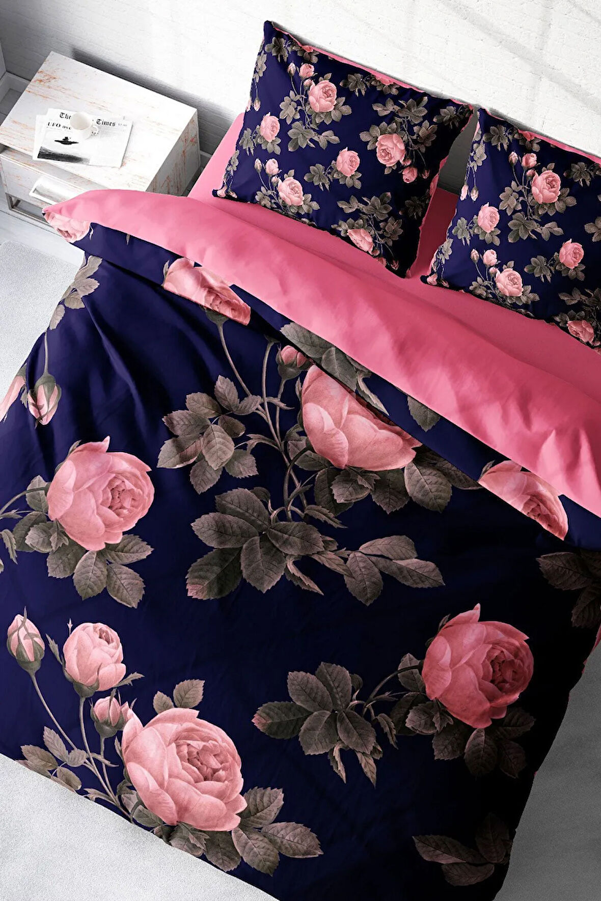 Lastikli Çarşaflı %100 Pamuk Saten Çift Kişilik Nevresim Takımı Noble Pink Roses