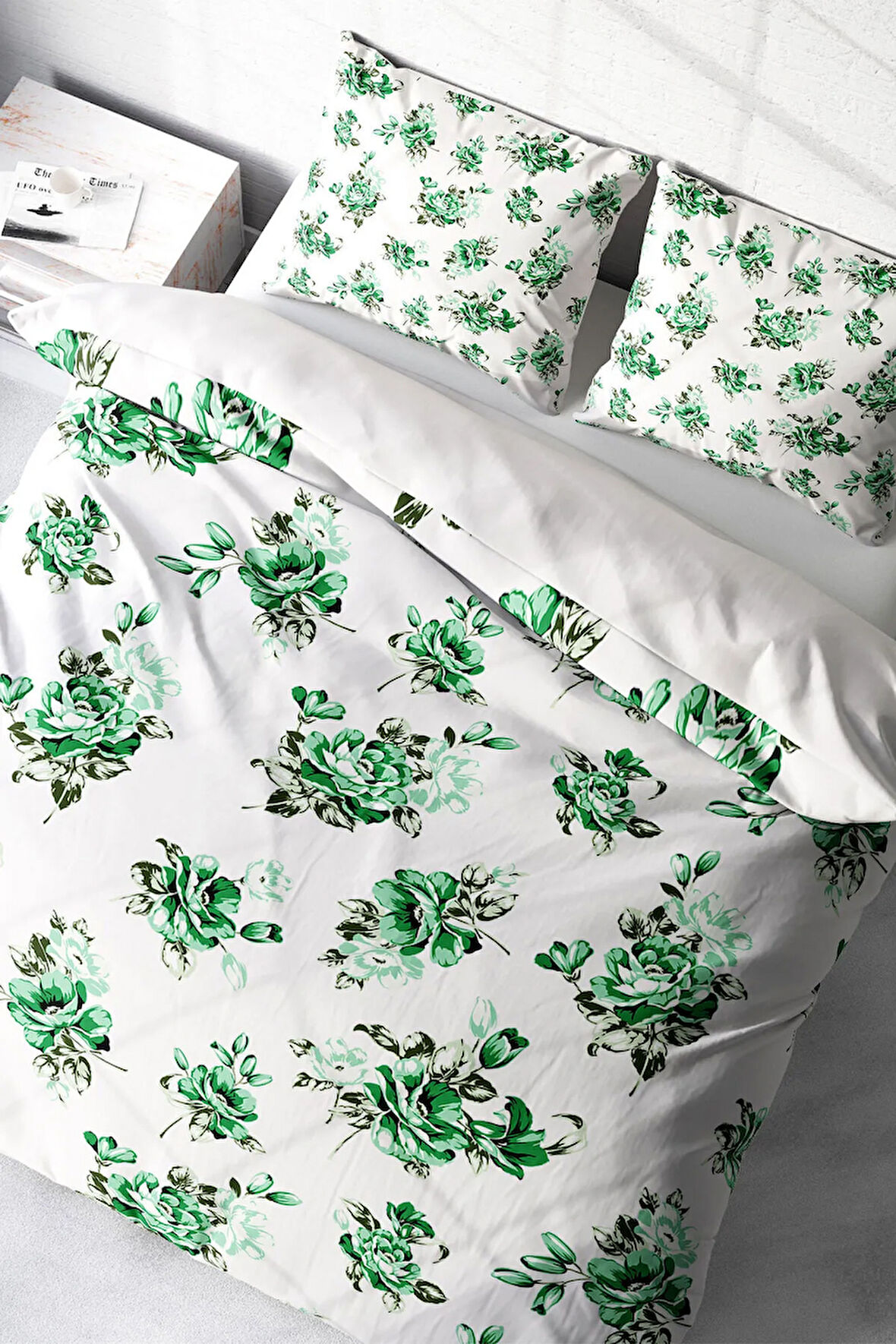 Lastikli Çarşaflı %100 Pamuk Saten Çift Kişilik Nevresim Takımı Green Garden