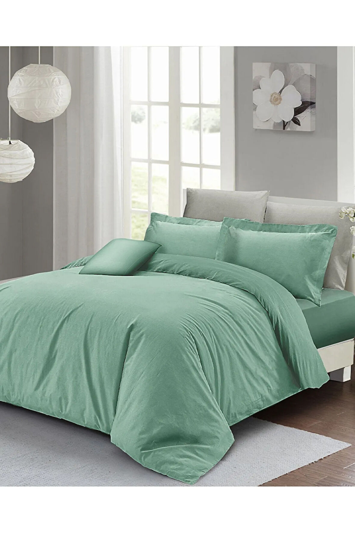 Lastikli Çarşaflı Çift Kişilik Nevresim Takımı Su Yeşili Lux Pamuk