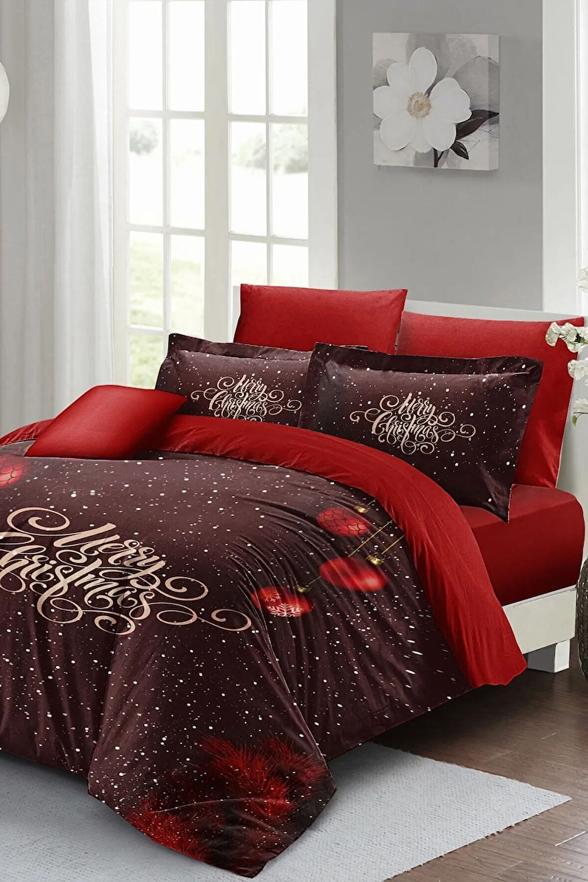 Yılbaşı Nevresim Takımı (Lastikli Çarşaflı) Çift Kişilik %100 Pamuk Saten Red Ball