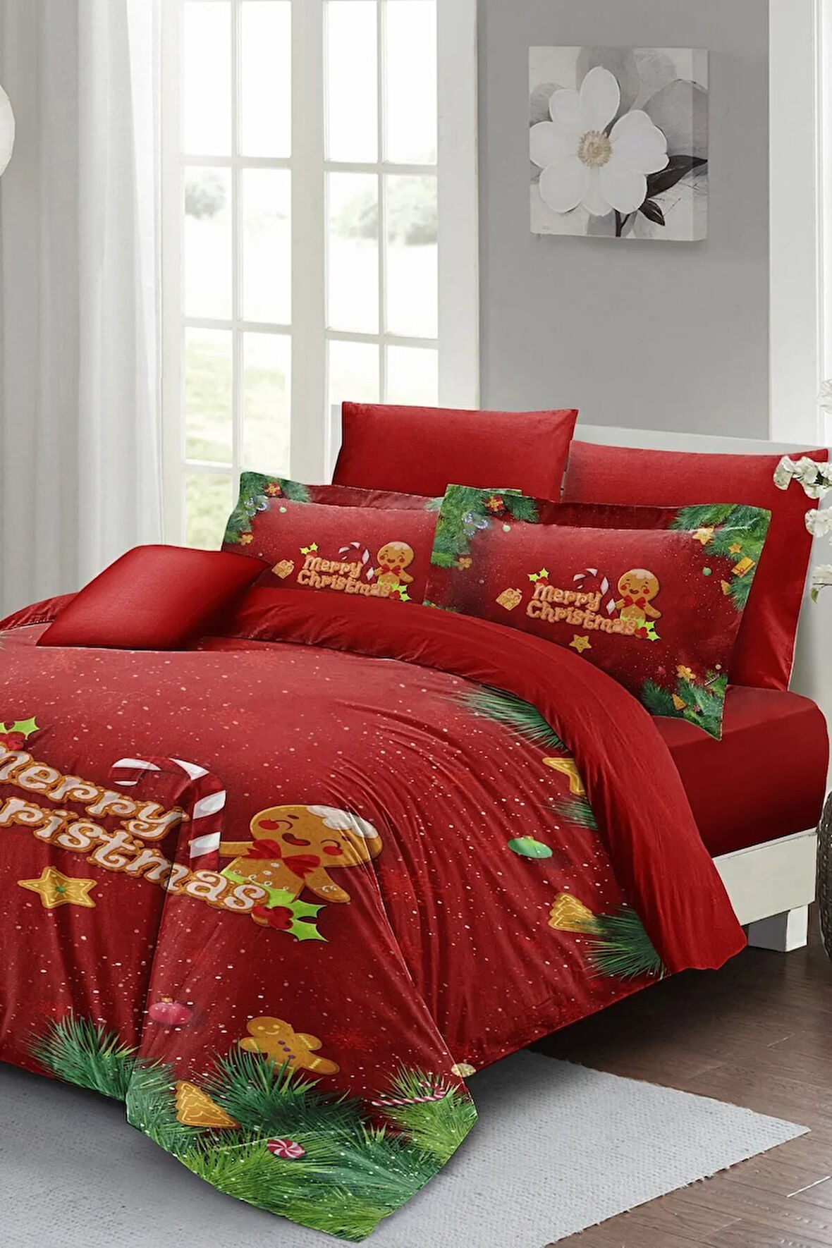Yılbaşı Nevresim Takımı (Lastikli Çarşaflı) Çift Kişilik %100 Pamuk Saten Cookie