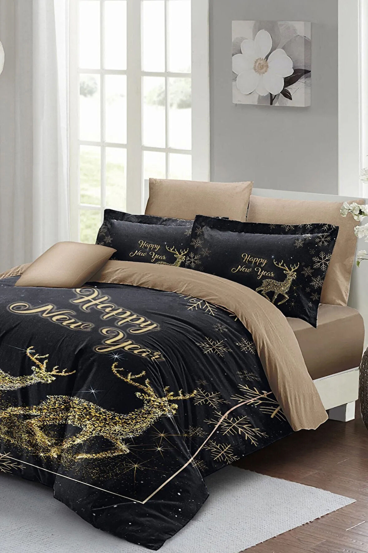 Yılbaşı Nevresim Takımı (Lastikli Çarşaflı) Çift Kişilik %100 Pamuk Saten Noel