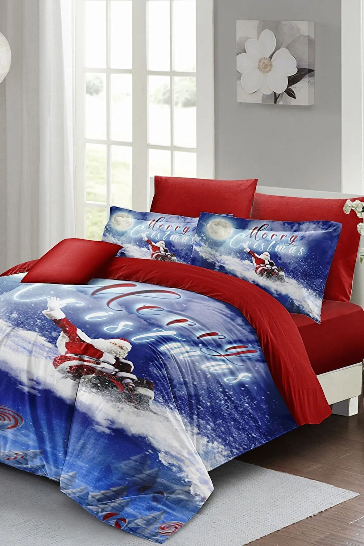 Yılbaşı Nevresim Takımı (Lastikli Çarşaflı) Çift Kişilik %100 Pamuk Saten Blue Noel