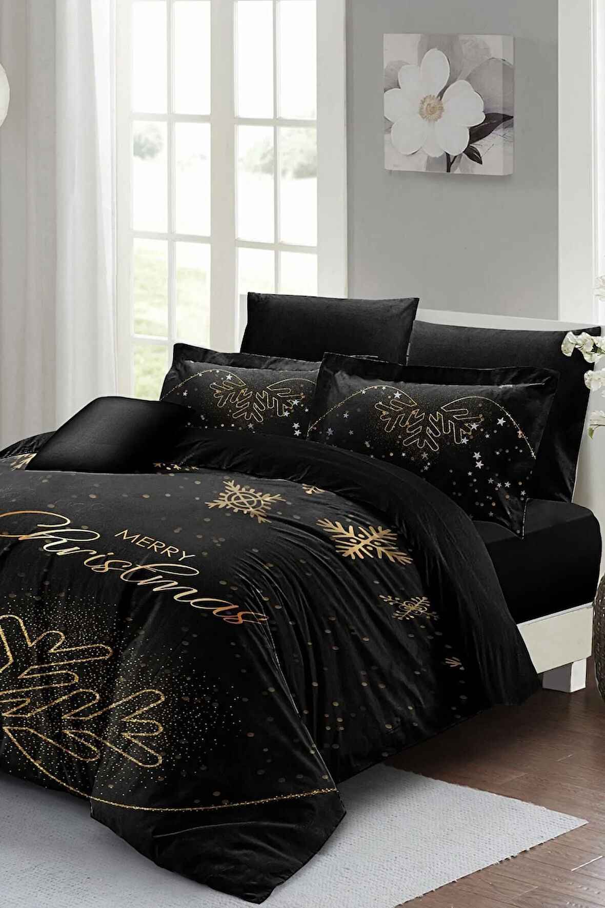 Yılbaşı Nevresim Takımı (Lastikli Çarşaflı) Çift Kişilik %100 Pamuk Saten Black Noel