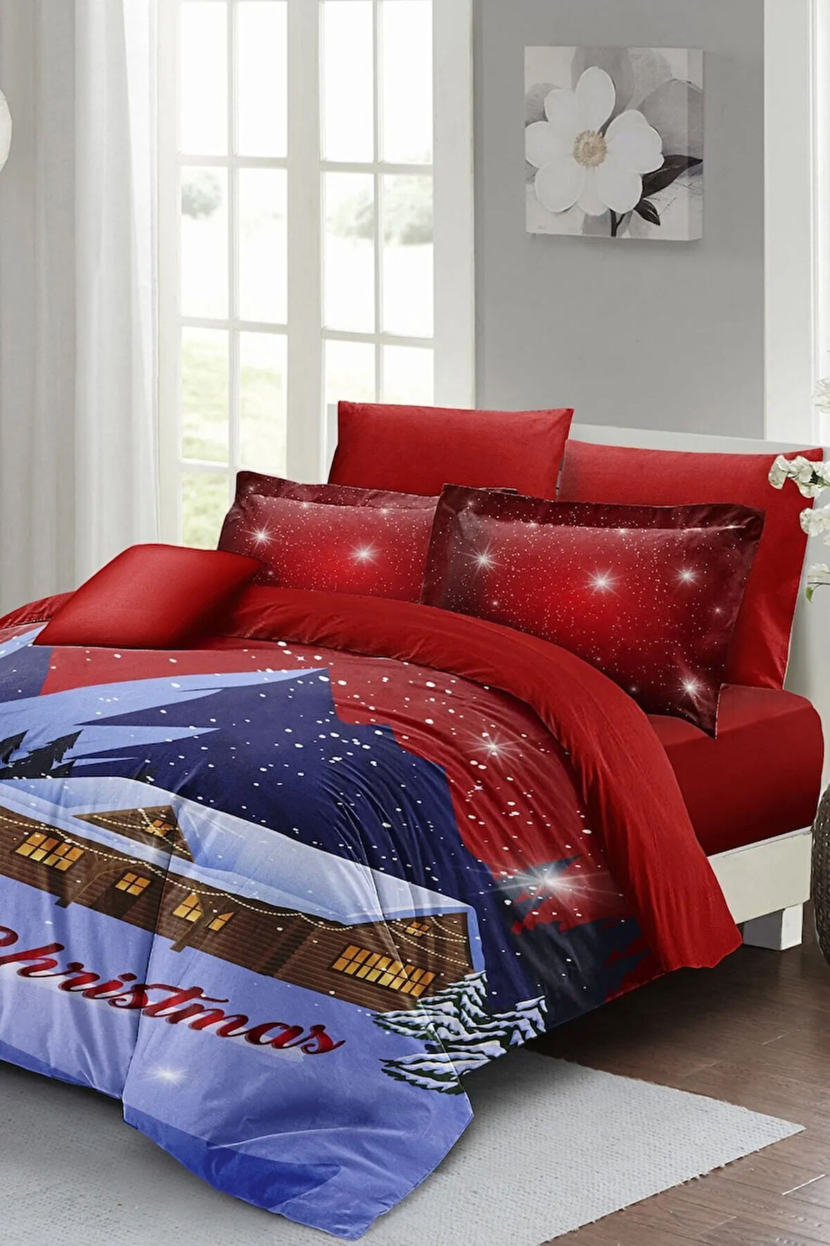 Yılbaşı Nevresim Takımı (Lastikli Çarşaflı) Çift Kişilik %100 Pamuk Saten Noel Red