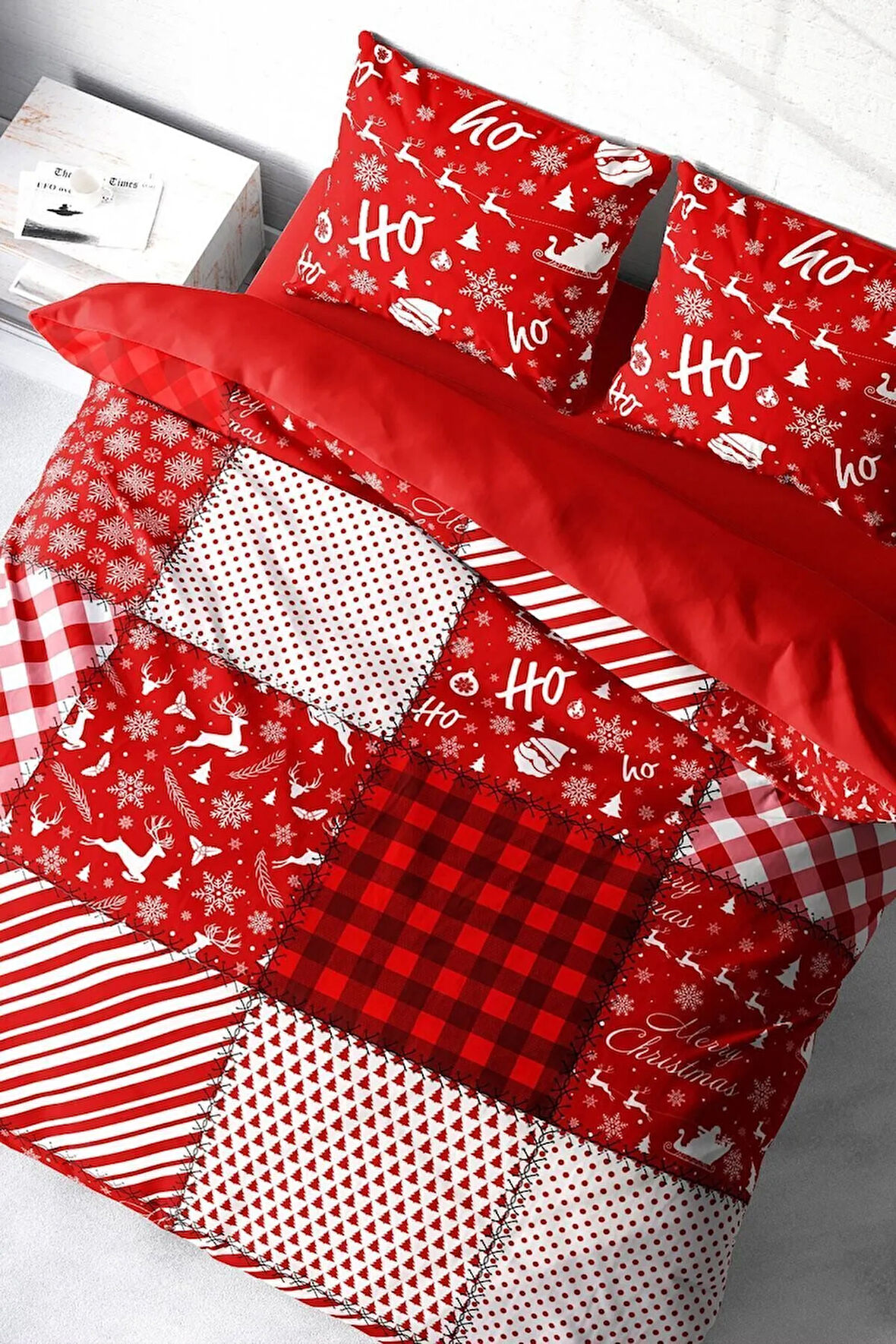 Yılbaşı Nevresim Takımı (Lastikli Çarşaflı) Çift Kişilik %100 Pamuk Saten Ekose