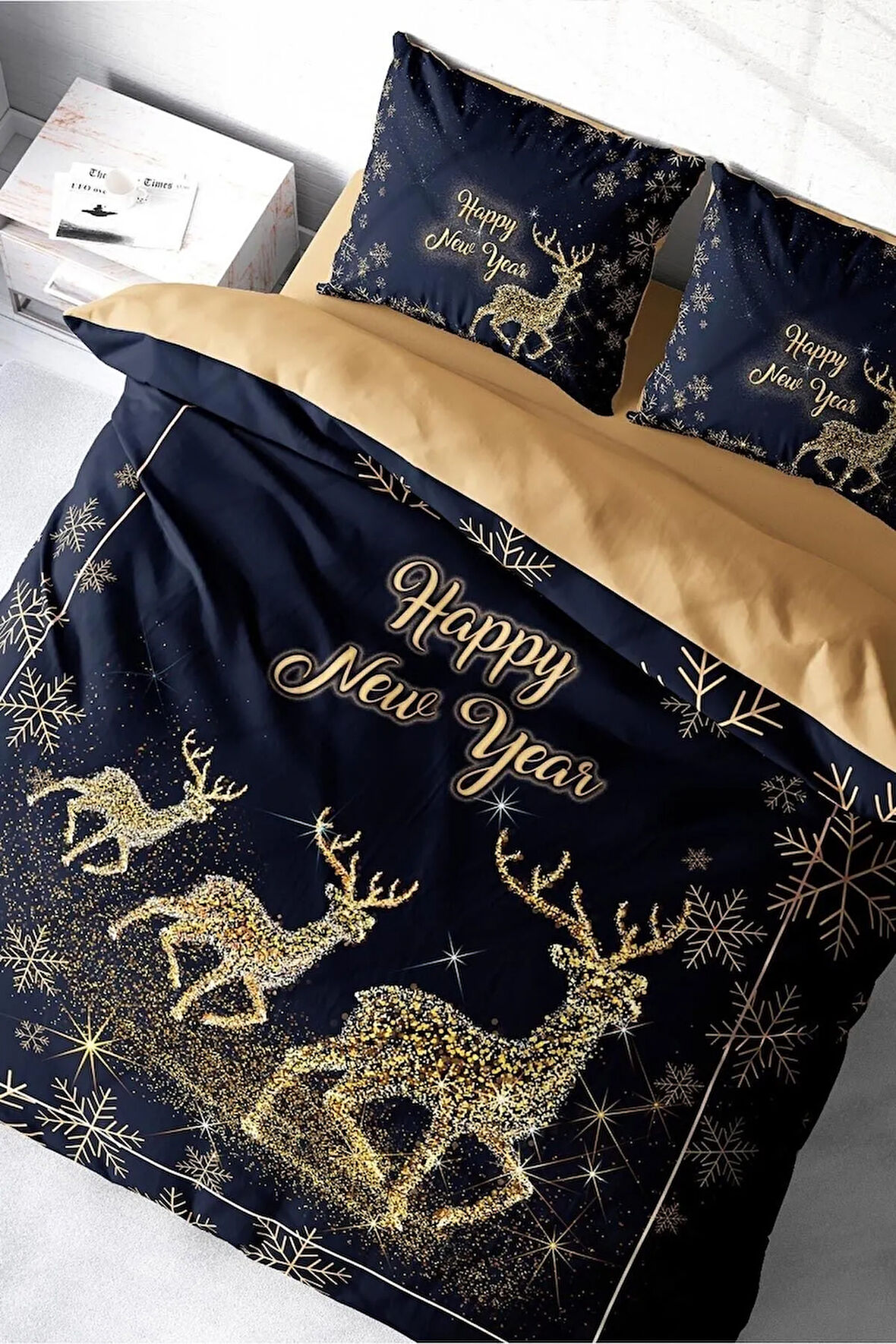 Yılbaşı Nevresim Takımı (Lastikli Çarşaflı) Çift Kişilik %100 Pamuk Saten Geyik