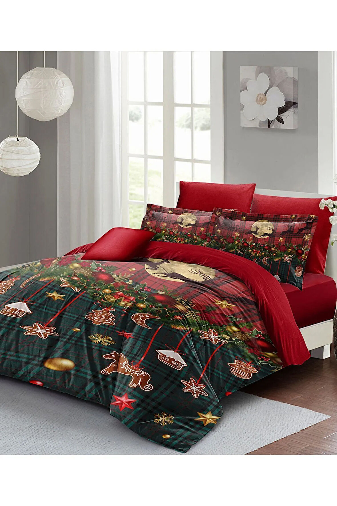 Yılbaşı Çift Kişilik Nevresim ( Lastikli Çarşaflı ) %100 Pamuk Saten Christmas Decorations