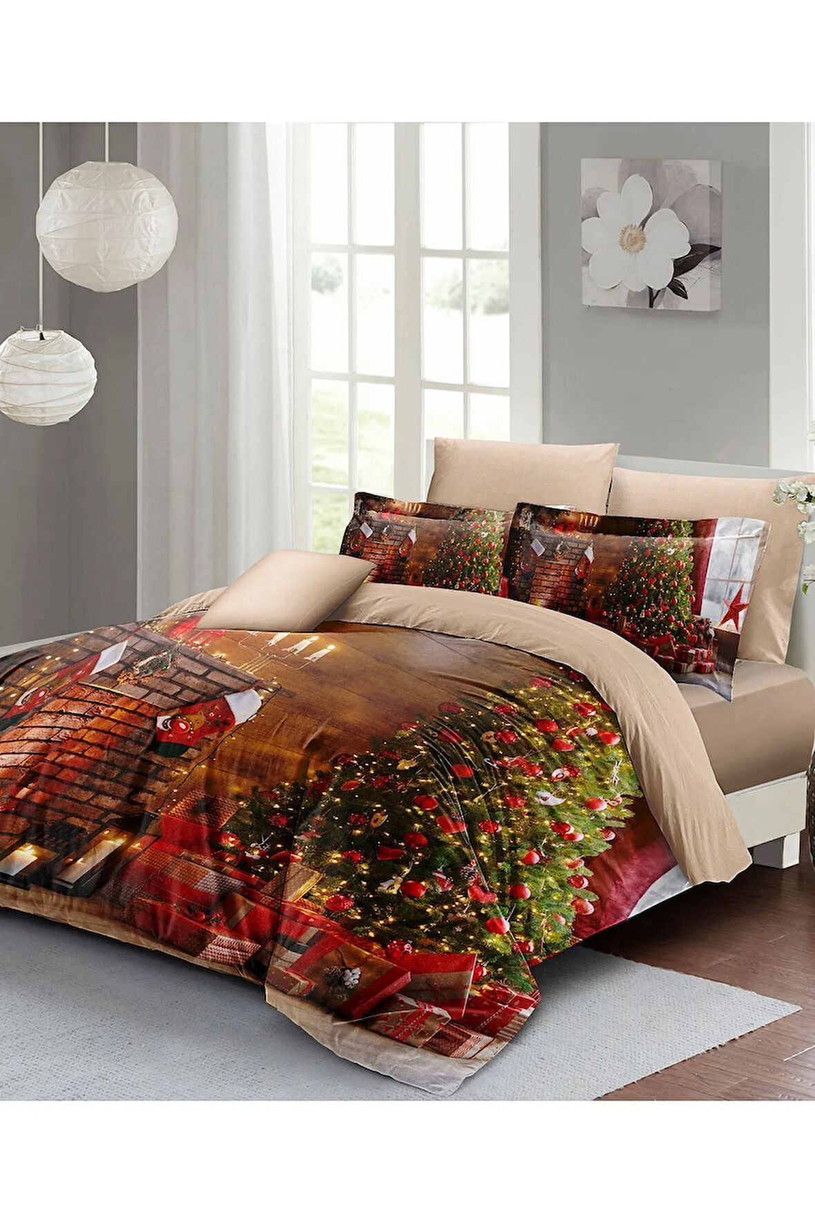 Yılbaşı Nevresim Takımı (Lastikli Çarşaflı) Çift Kişilik %100 Pamuk Saten Christmas Hows