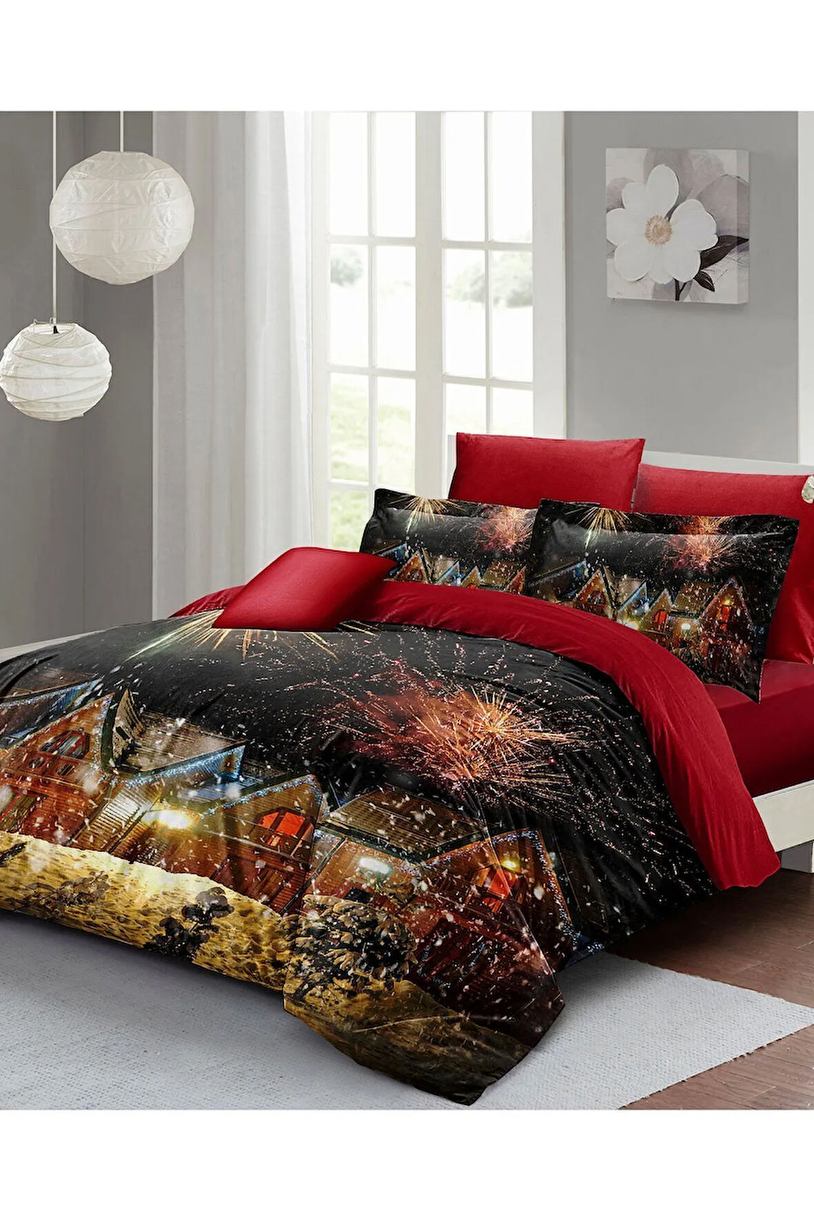 Yılbaşı Nevresim Takımı Çift Kişilik %100 Pamuk Saten Nights Houses