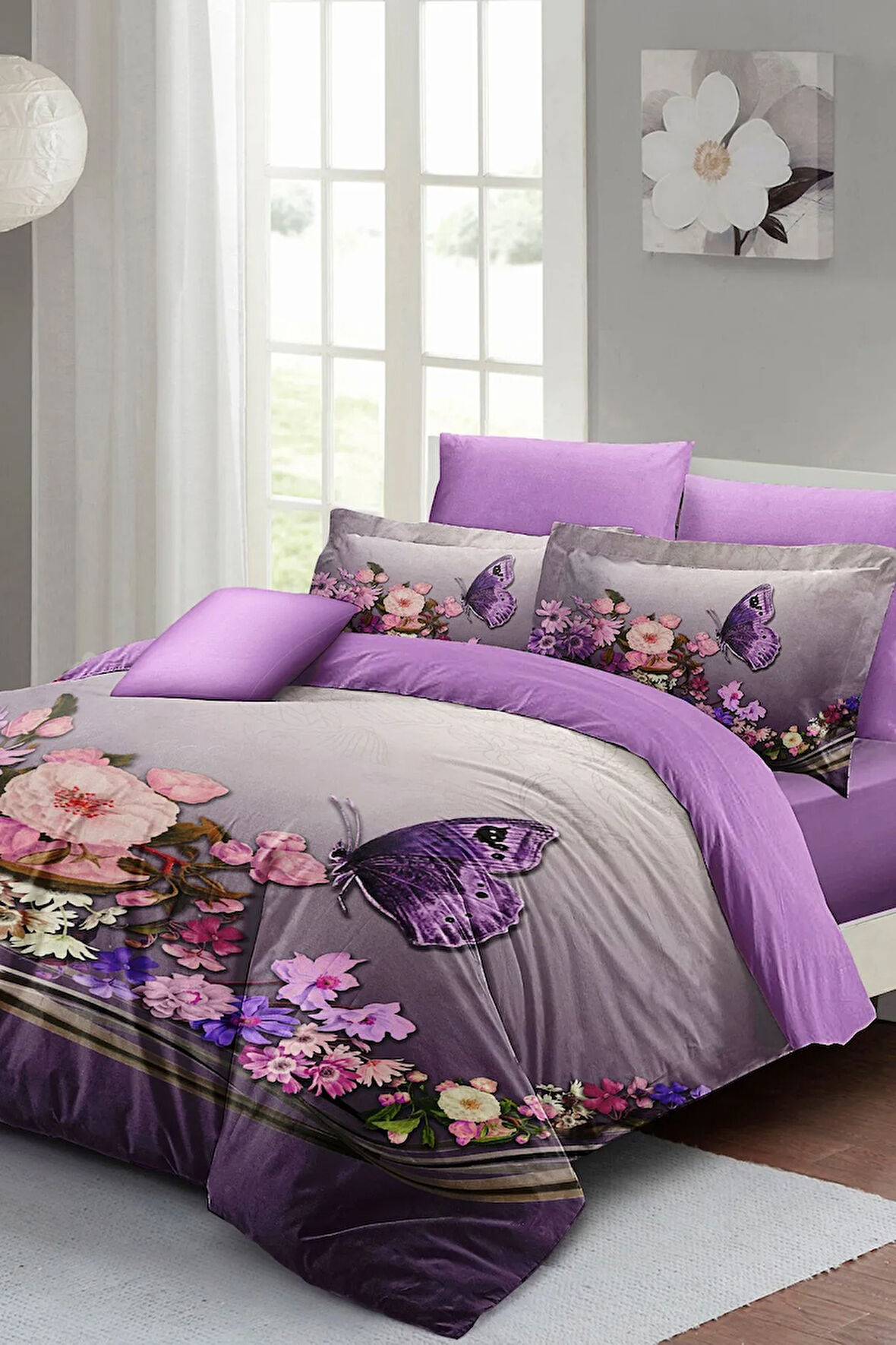 Anneler Günü Nevresim Takımı (Lastikli Çarşaflı) Çift Kişilik %100 Pamuk Saten Butterfly