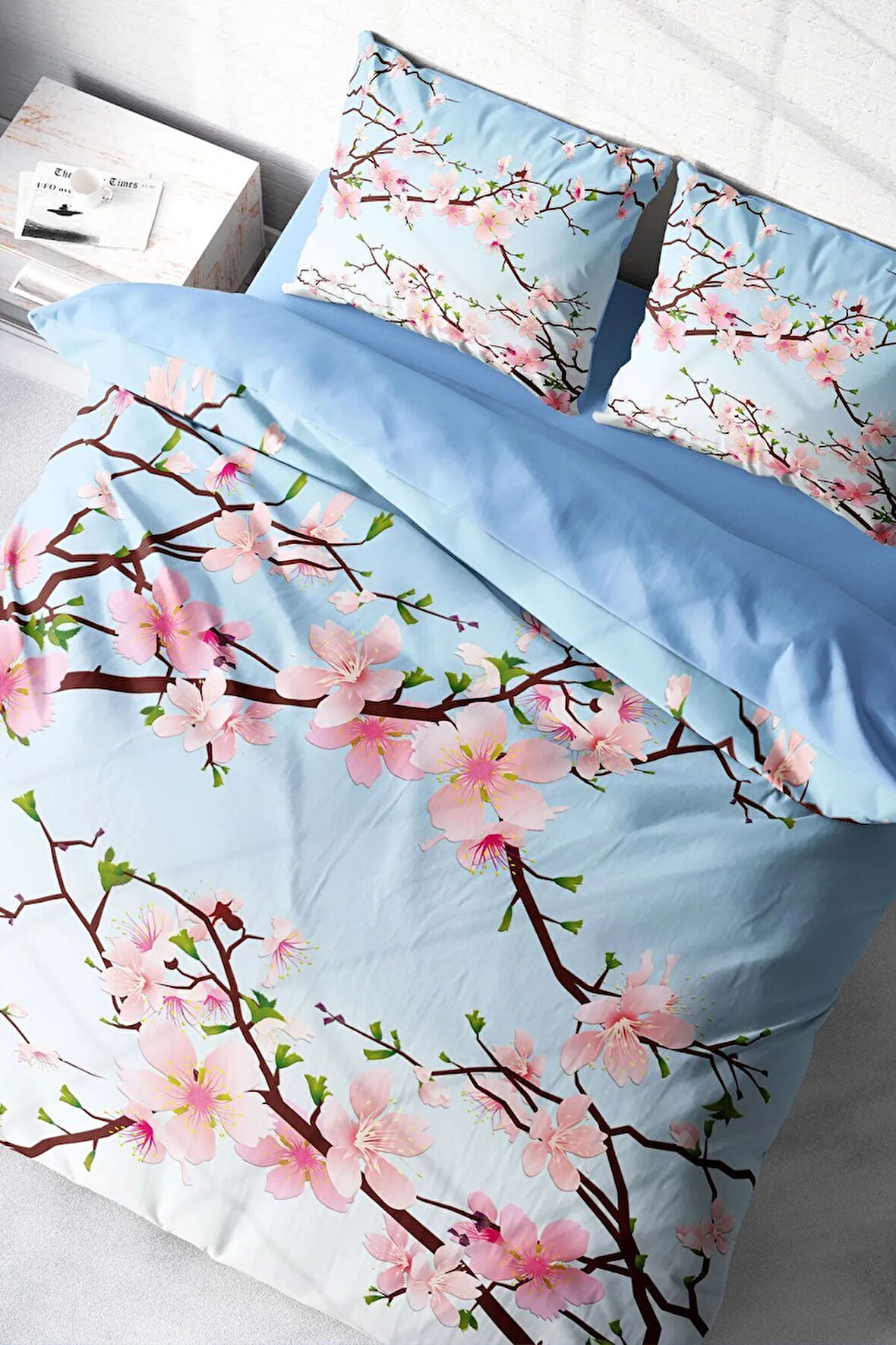 Nevresim Takımı (Lastikli Çarşaflı) Çift Kişilik %100 Pamuk Saten Blue Cherry Blosom