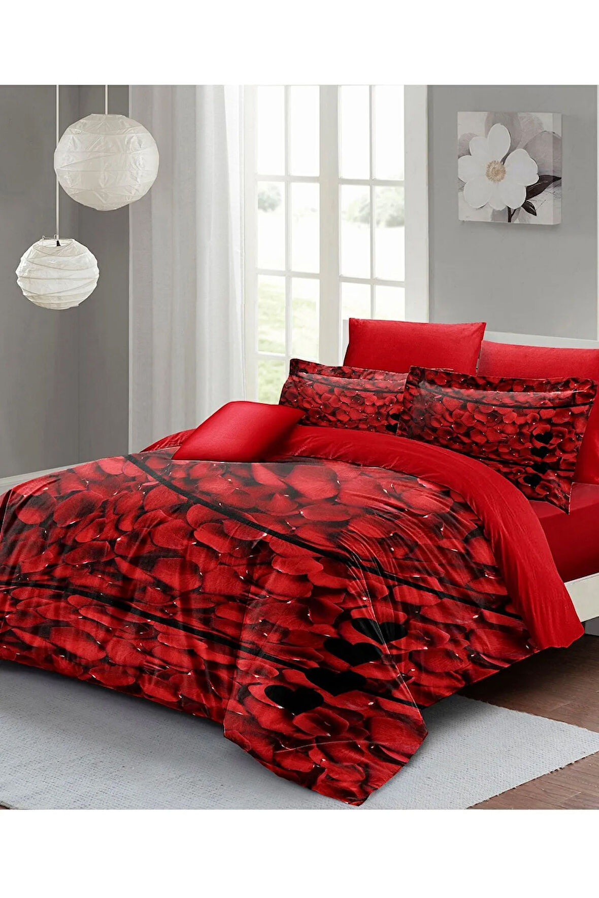 Sevgililer Günü Çift Kişilik Nevresim Takımı%100 Pamuk Saten Rose Feather