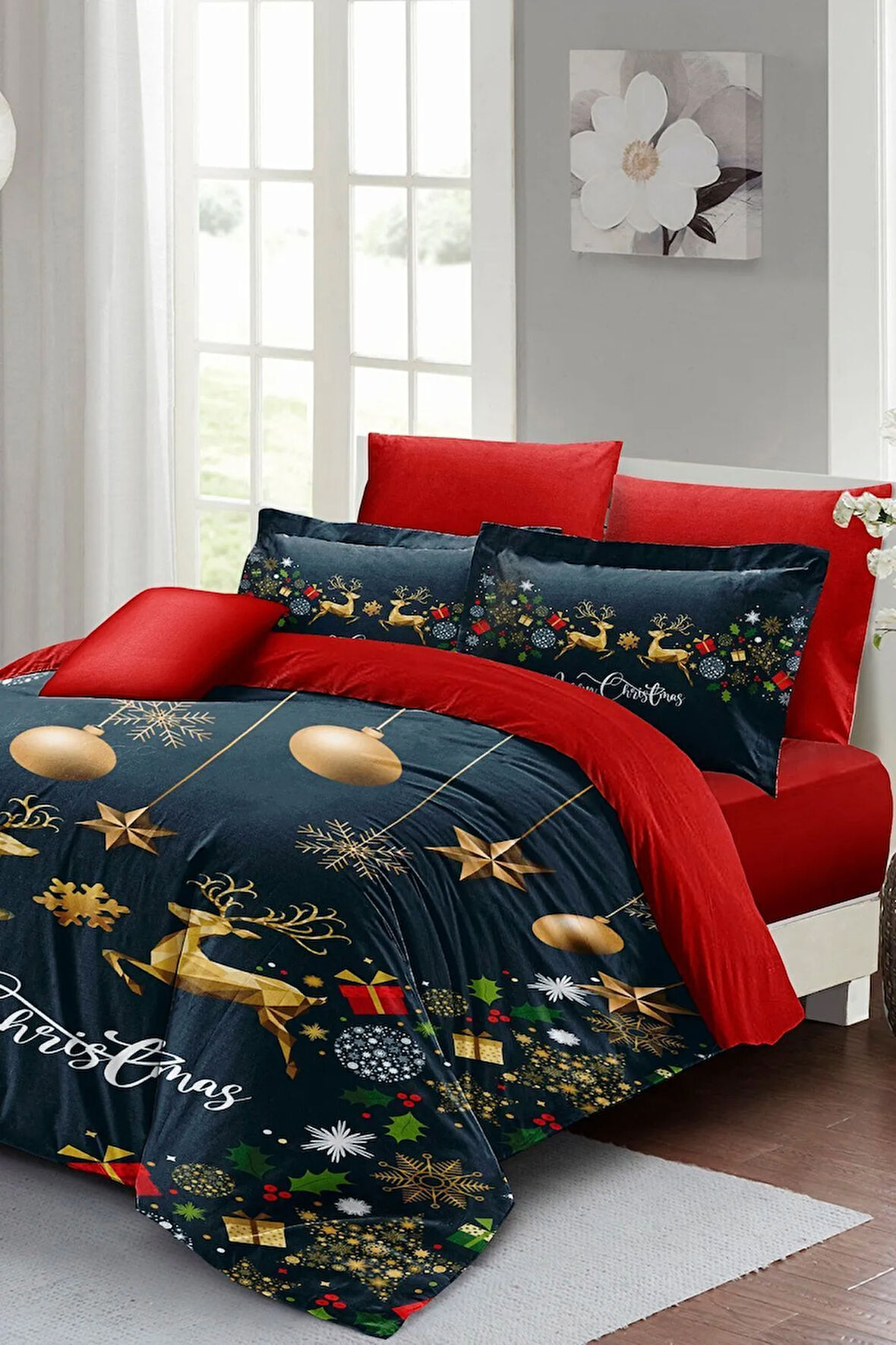 Yılbaşı Süsü Dark Deer Noel %100 Pamuk Saten 3d Çift Kişilik Nevresim Takımı