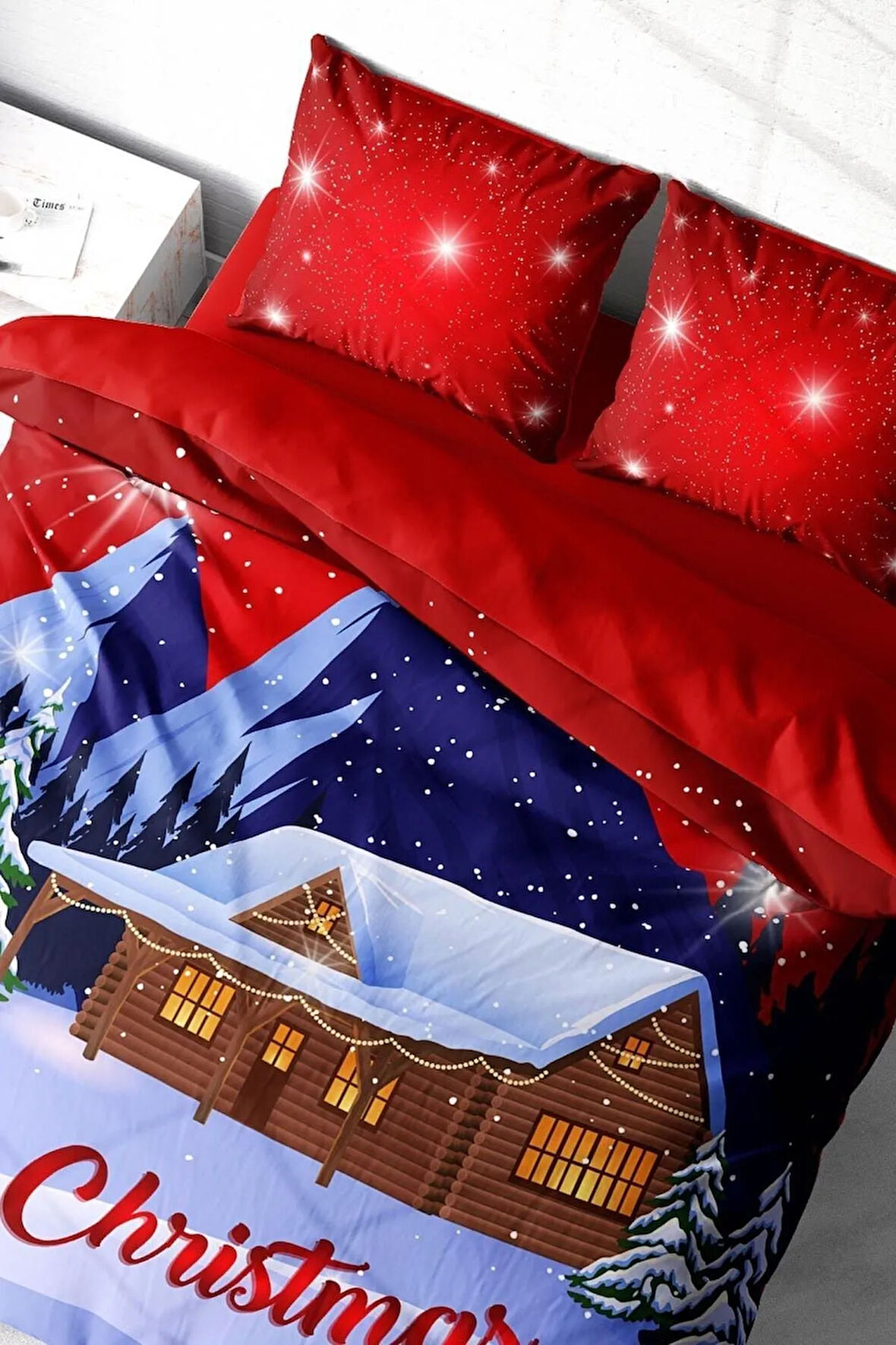 Yılbaşı Süsü Merry Christmas Çift Kişilik 3D Nevresim Takımı Pamuk Saten