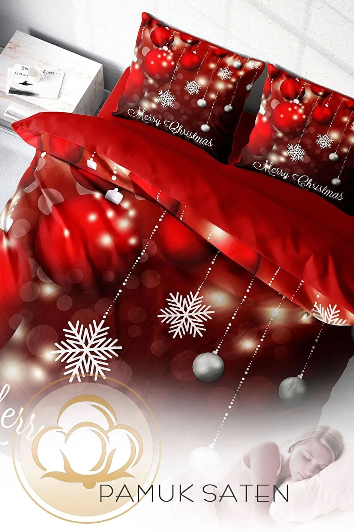 Yılbaşı Çift Kişilik Nevresim ( Lastikli Çarşaflı ) %100 Pamuk Saten Crystal