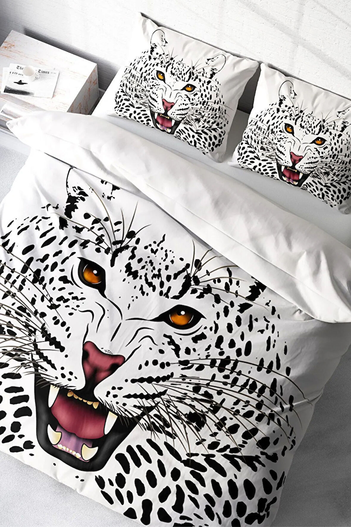 Lastikli Çarşaflı %100 Pamuk Saten Çift Kişilik Nevresim Takımı White Leopard