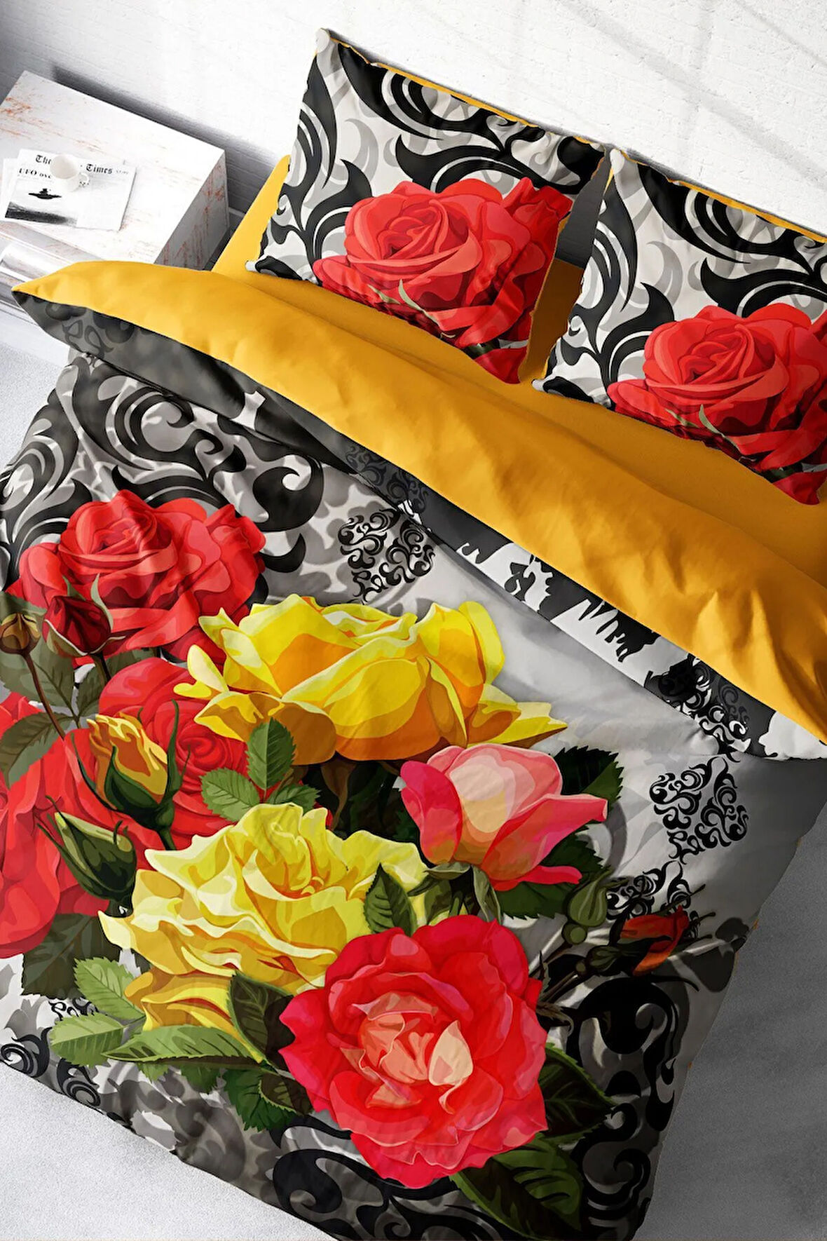 Lastikli Çarşaflı %100 Pamuk Saten Çift Kişilik Nevresim Takımı Rose1006