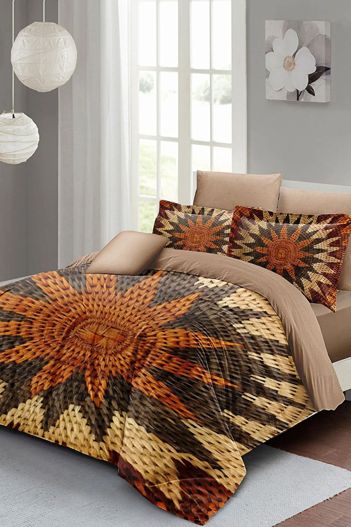 Lastikli Çarşaflı %100 Pamuk Saten Çift Kişilik Nevresim Takımı Wicker Flower