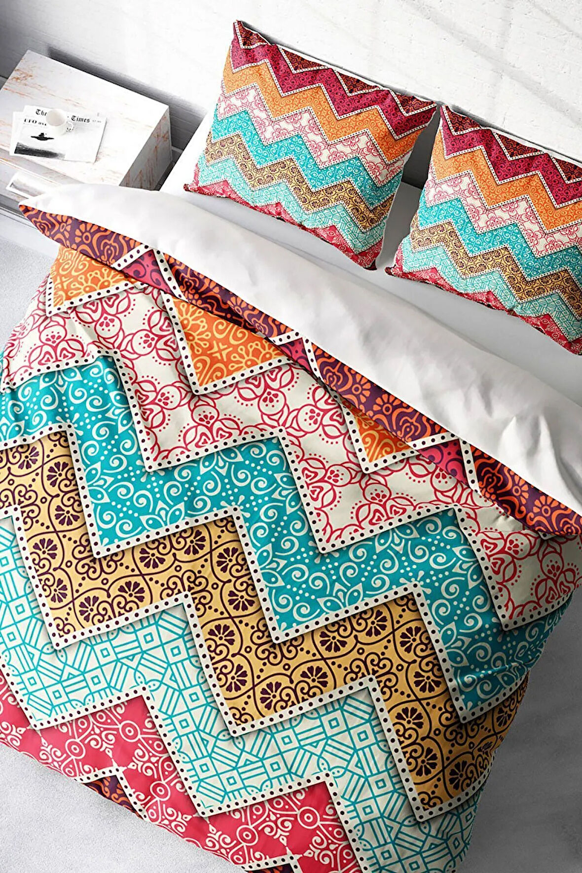 Lastikli Çarşaflı %100 Pamuk Saten Çift Kişilik Nevresim Takımı Zikzak Motif