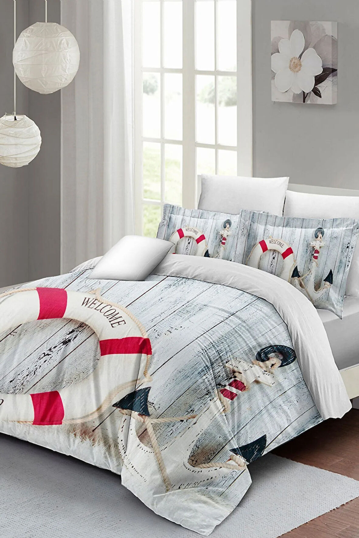 Lastikli Çarşaflı %100 Pamuk Saten Çift Kişilik Nevresim Takımı Sea Anchor