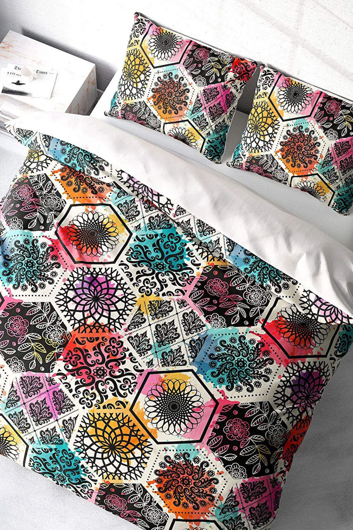 Lastikli Çarşaflı %100 Pamuk Saten Çift Kişilik Nevresim Takımı Patchwork Tiles