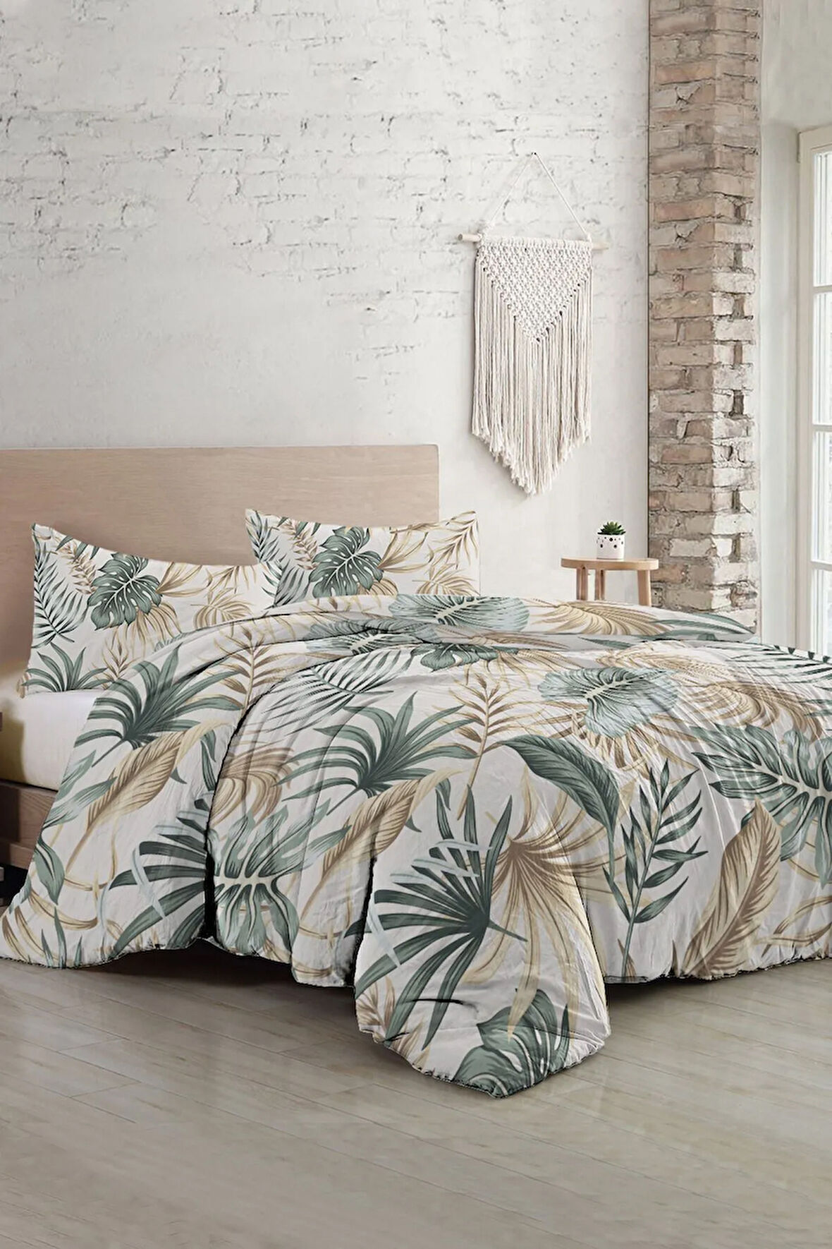 Çift Kişilik ( Lastikli Çarşaflı ) %100 Pamuk Saten Nevresim Takımı Botanik Palm