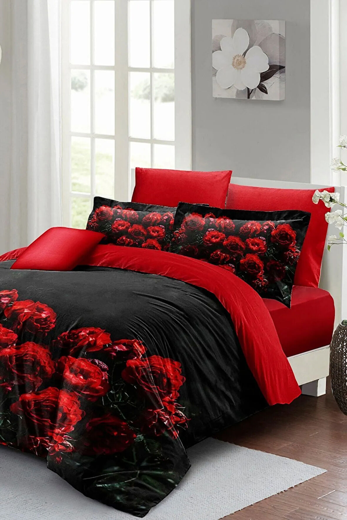 Çift Kişilik ( Lastikli Çarşaflı ) Sevgililer Günü Nevresim Takımı % 100 Pamuk Saten Black Rose