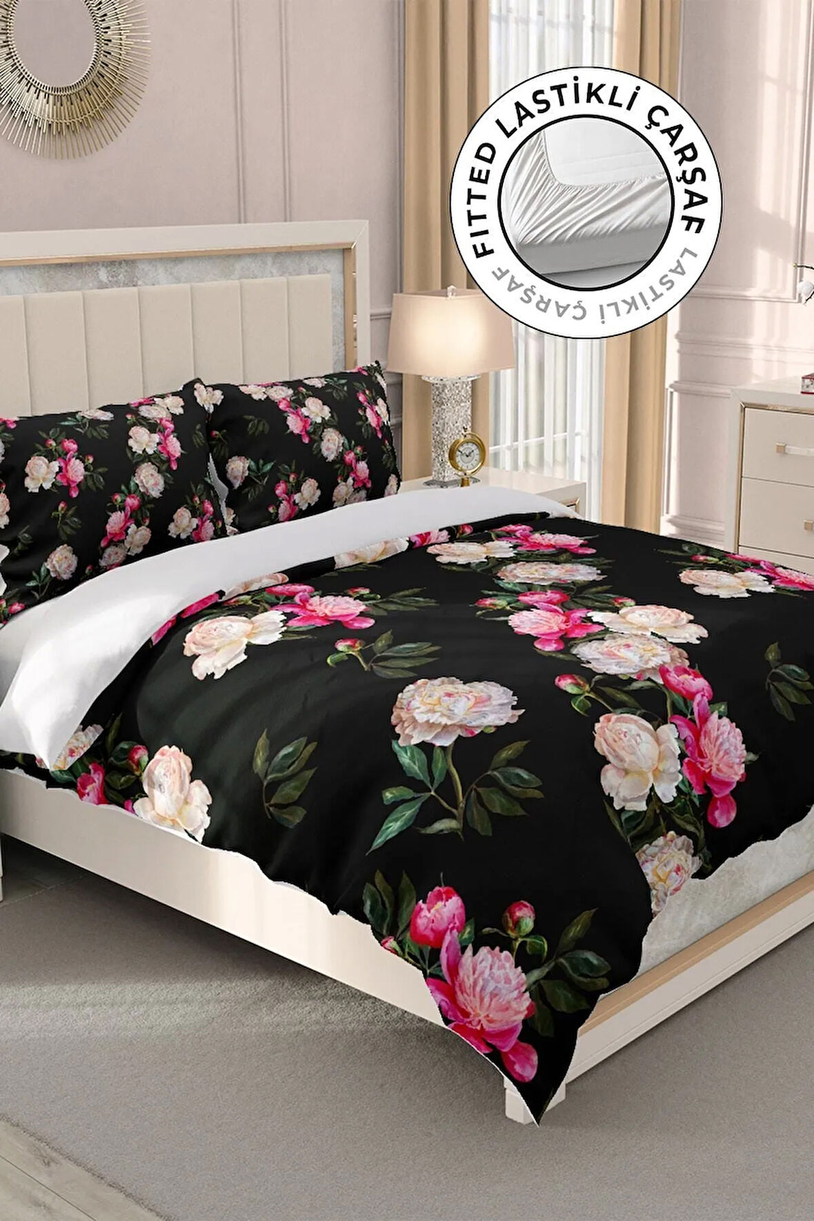 Lastikli Çarşaflı %100 Pamuk Saten Çift Kişilik Nevresim Takımı Black Flower
