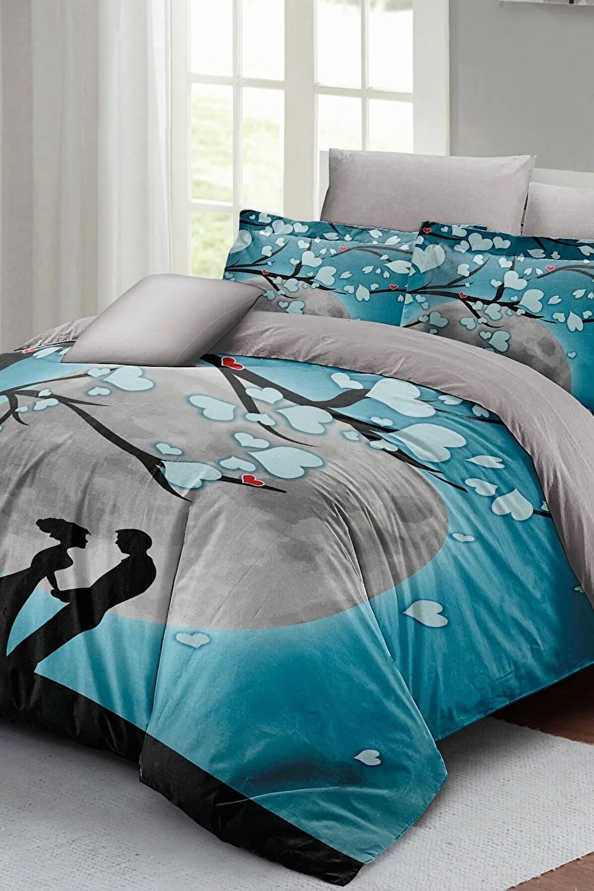 Çift Kişilik ( Lastikli Çarşaflı ) Sevgililer Günü Nevresim Takımı % 100 Pamuk Saten Blue Dream