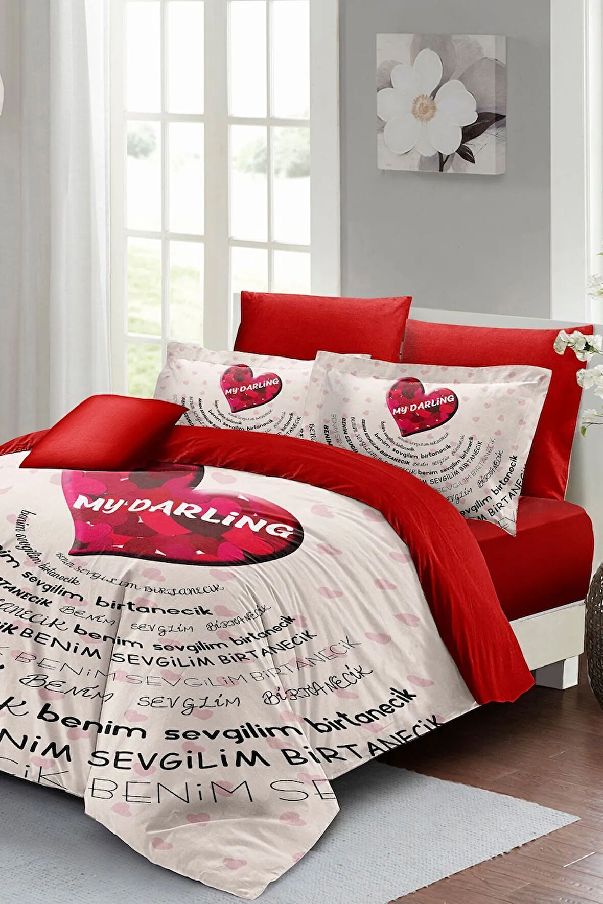 Sevgililer Günü Özel Çift Kişilik Nevresim Takımı Pamuk Saten Darling Red