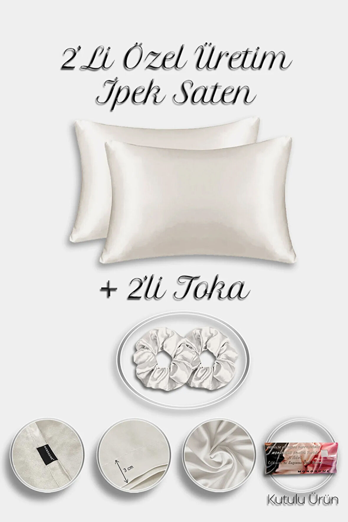 İpek Saten Yastık Kılıfı 2 Adet 50x70cm 2 Adet Saten Tokalı Krem
