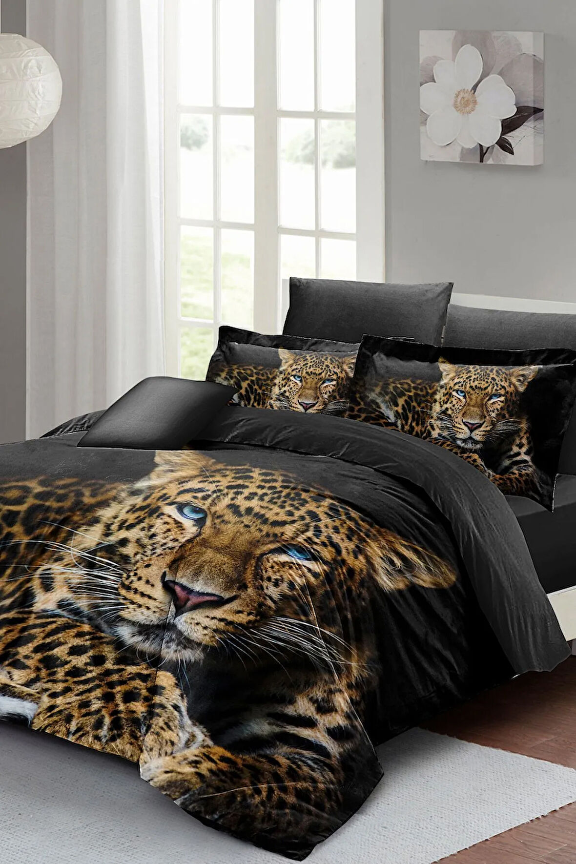 Leopar Lastikli Çarşaflı %100 Pamuk Saten Çift Kişilik Nevresim Takımı Leopard Eyes